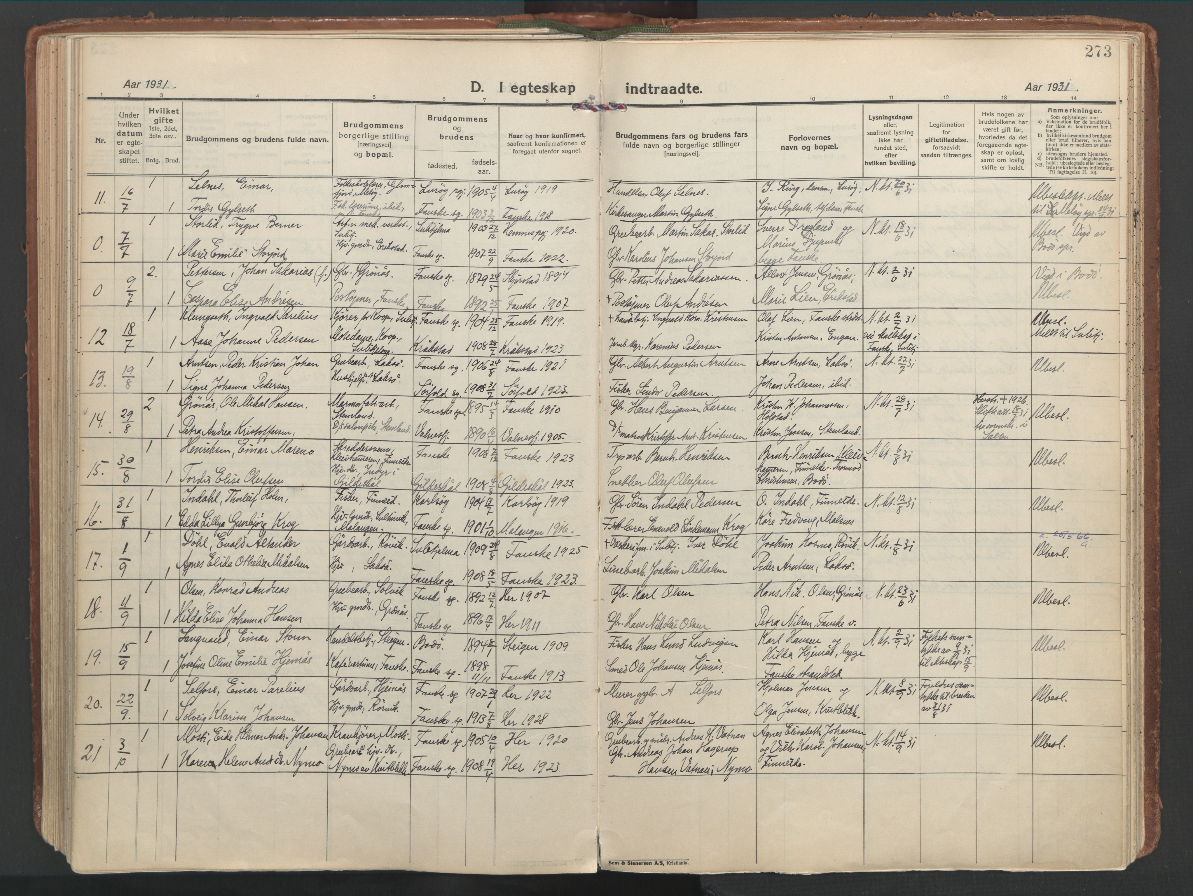 Ministerialprotokoller, klokkerbøker og fødselsregistre - Nordland, SAT/A-1459/849/L0699: Parish register (official) no. 849A10, 1924-1937, p. 273