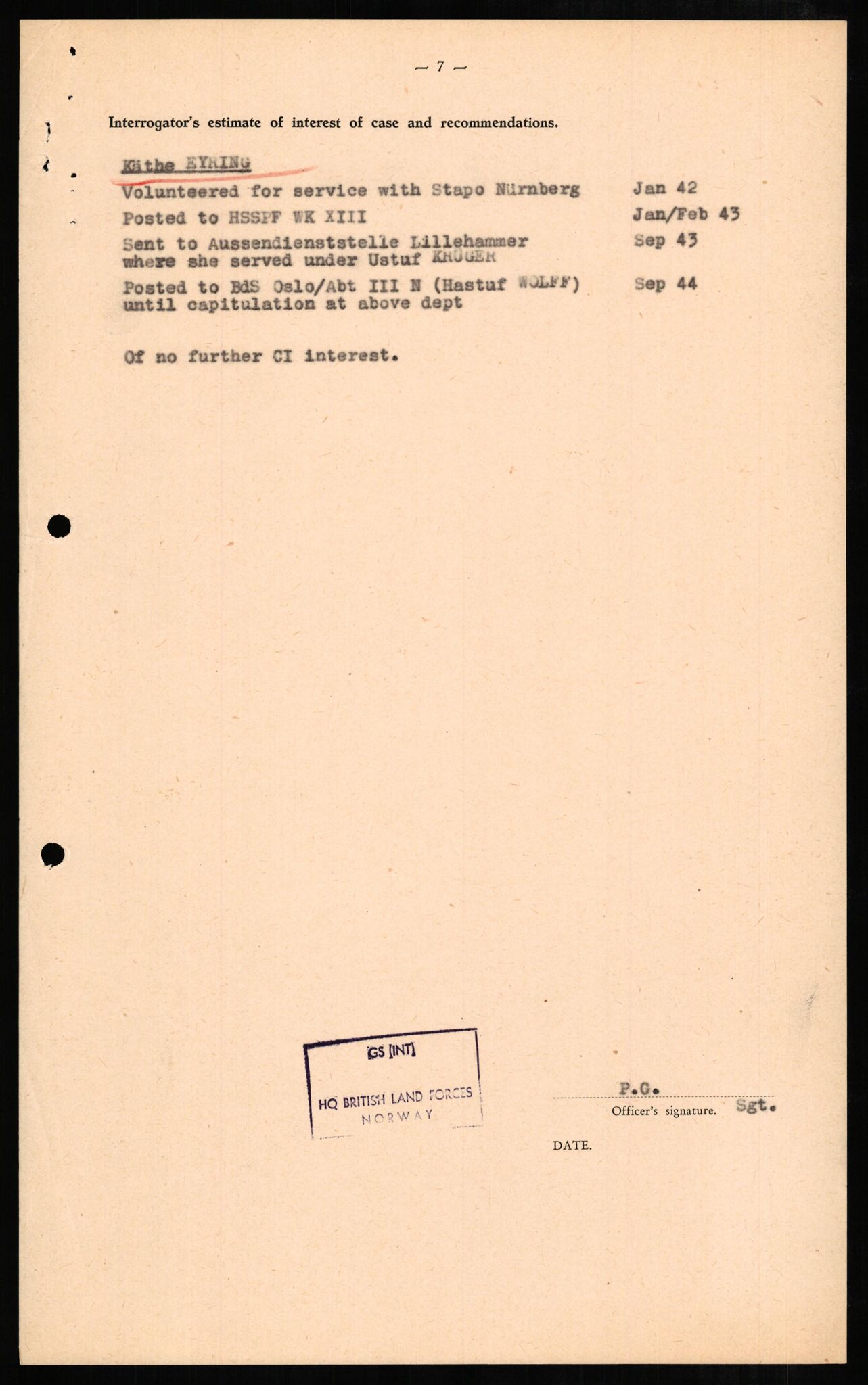 Forsvaret, Forsvarets overkommando II, RA/RAFA-3915/D/Db/L0007: CI Questionaires. Tyske okkupasjonsstyrker i Norge. Tyskere., 1945-1946, p. 374