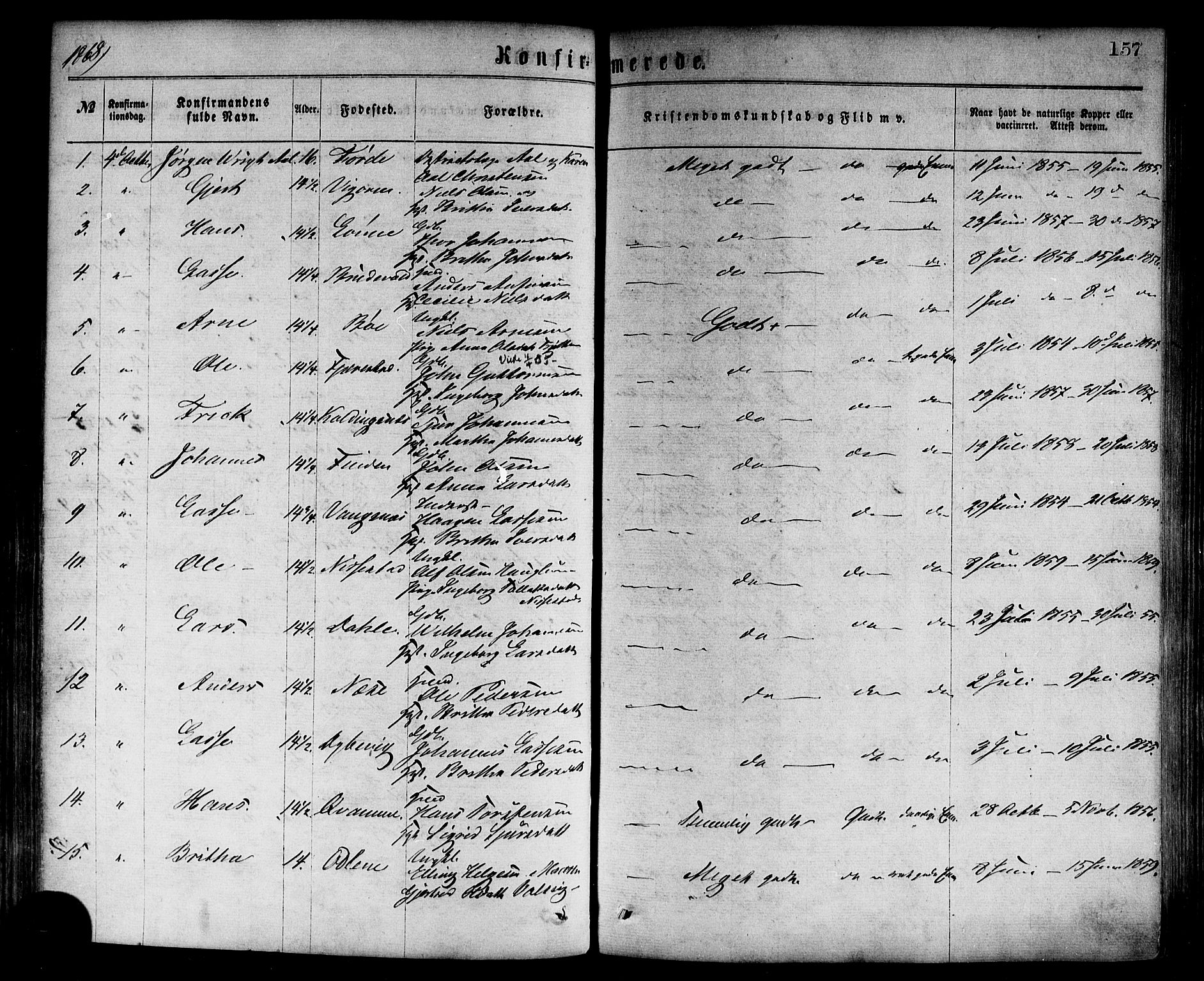 Vik sokneprestembete, AV/SAB-A-81501/H/Haa/Haaa/L0009: Parish register (official) no. A 9, 1866-1877, p. 157