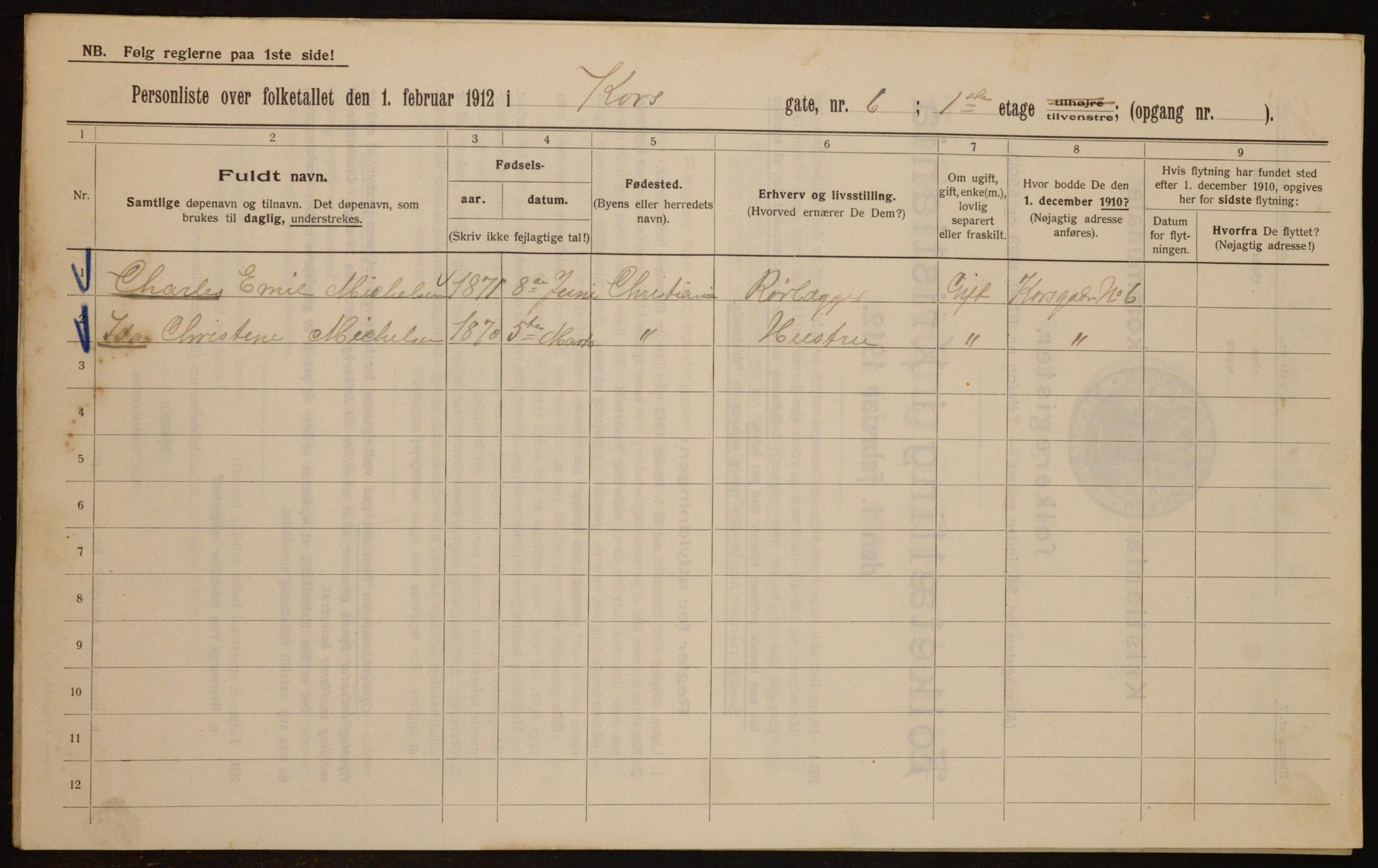 OBA, Municipal Census 1912 for Kristiania, 1912, p. 53705