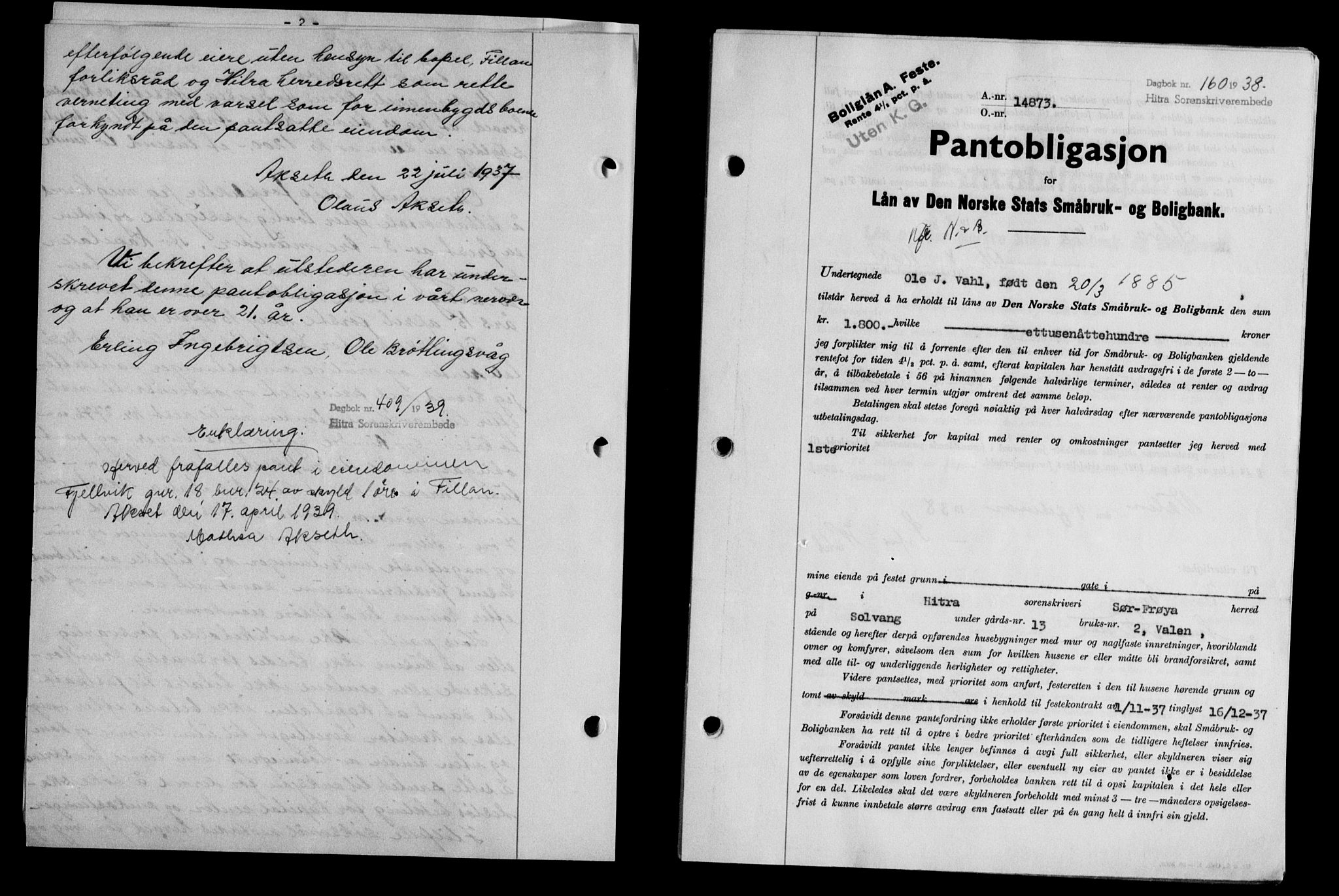 Hitra sorenskriveri, AV/SAT-A-0018/2/2C/2Ca/L0028: Mortgage book no. B-1, 1936-1939, Diary no: : 160/1938