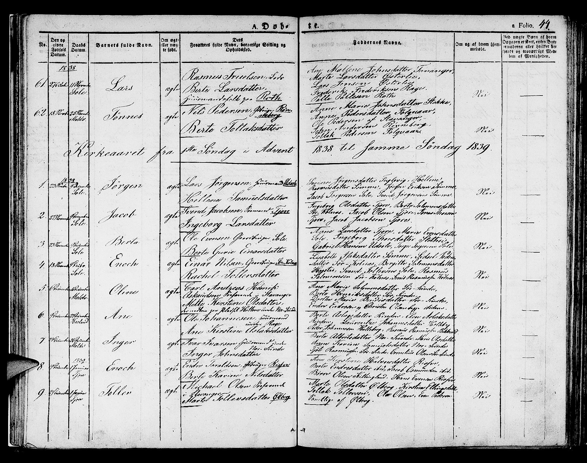 Håland sokneprestkontor, SAST/A-101802/001/30BA/L0005: Parish register (official) no. A 5, 1829-1841, p. 44