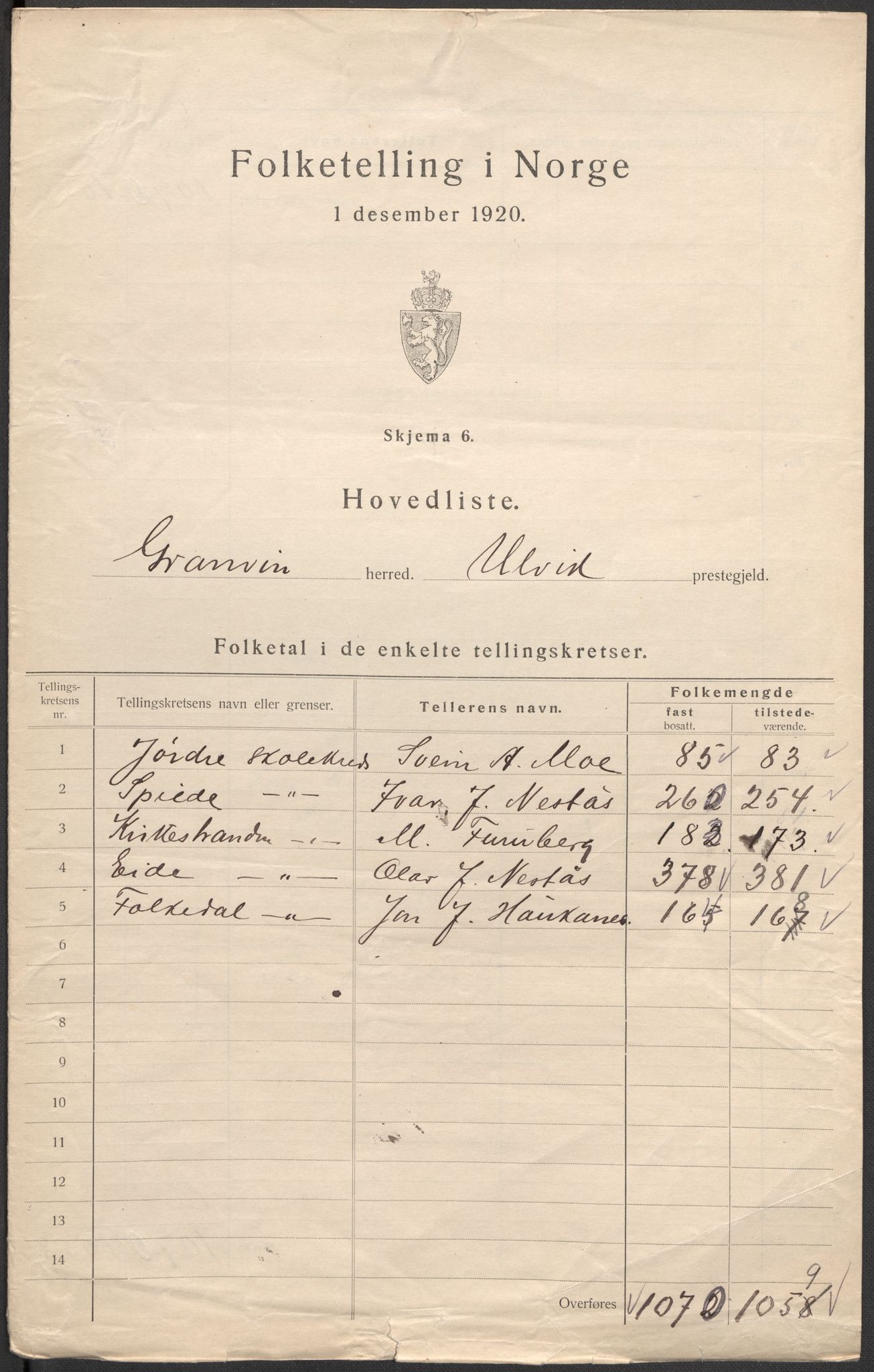 SAB, 1920 census for Granvin, 1920, p. 2