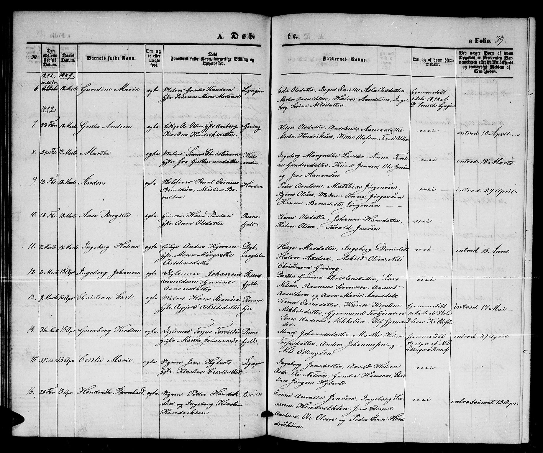 Dypvåg sokneprestkontor, AV/SAK-1111-0007/F/Fb/Fba/L0010: Parish register (copy) no. B 10, 1842-1857, p. 39