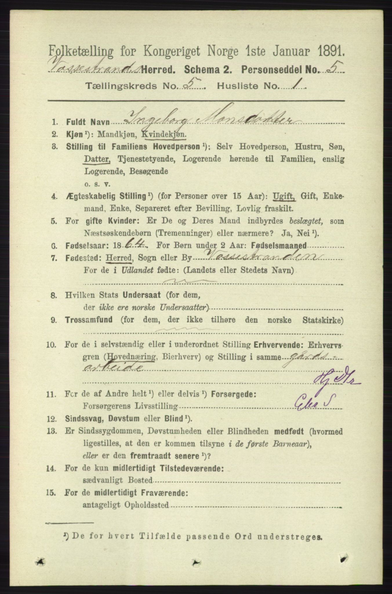 RA, 1891 census for 1236 Vossestrand, 1891, p. 1900