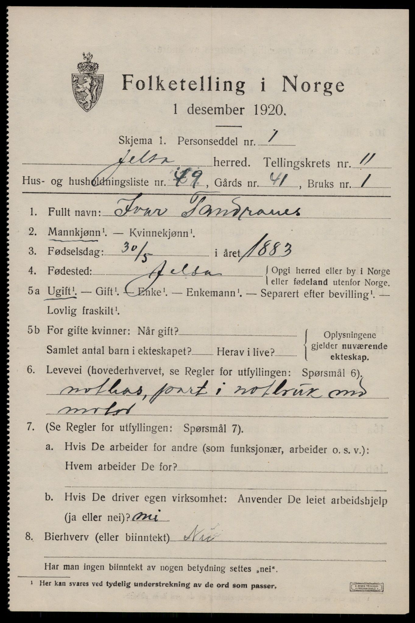 SAST, 1920 census for Jelsa, 1920, p. 3304