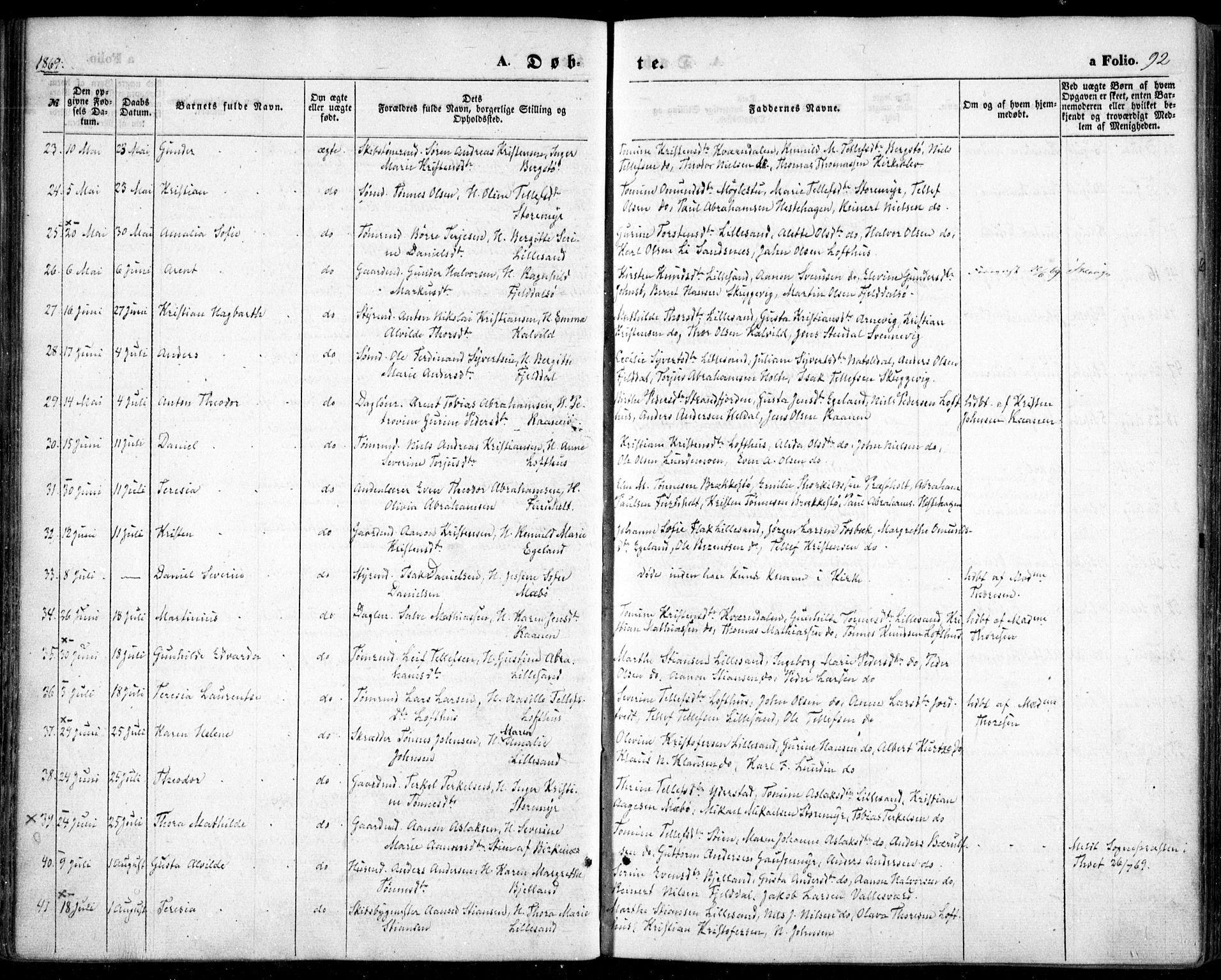 Vestre Moland sokneprestkontor, SAK/1111-0046/F/Fa/Fab/L0007: Parish register (official) no. A 7, 1859-1872, p. 92