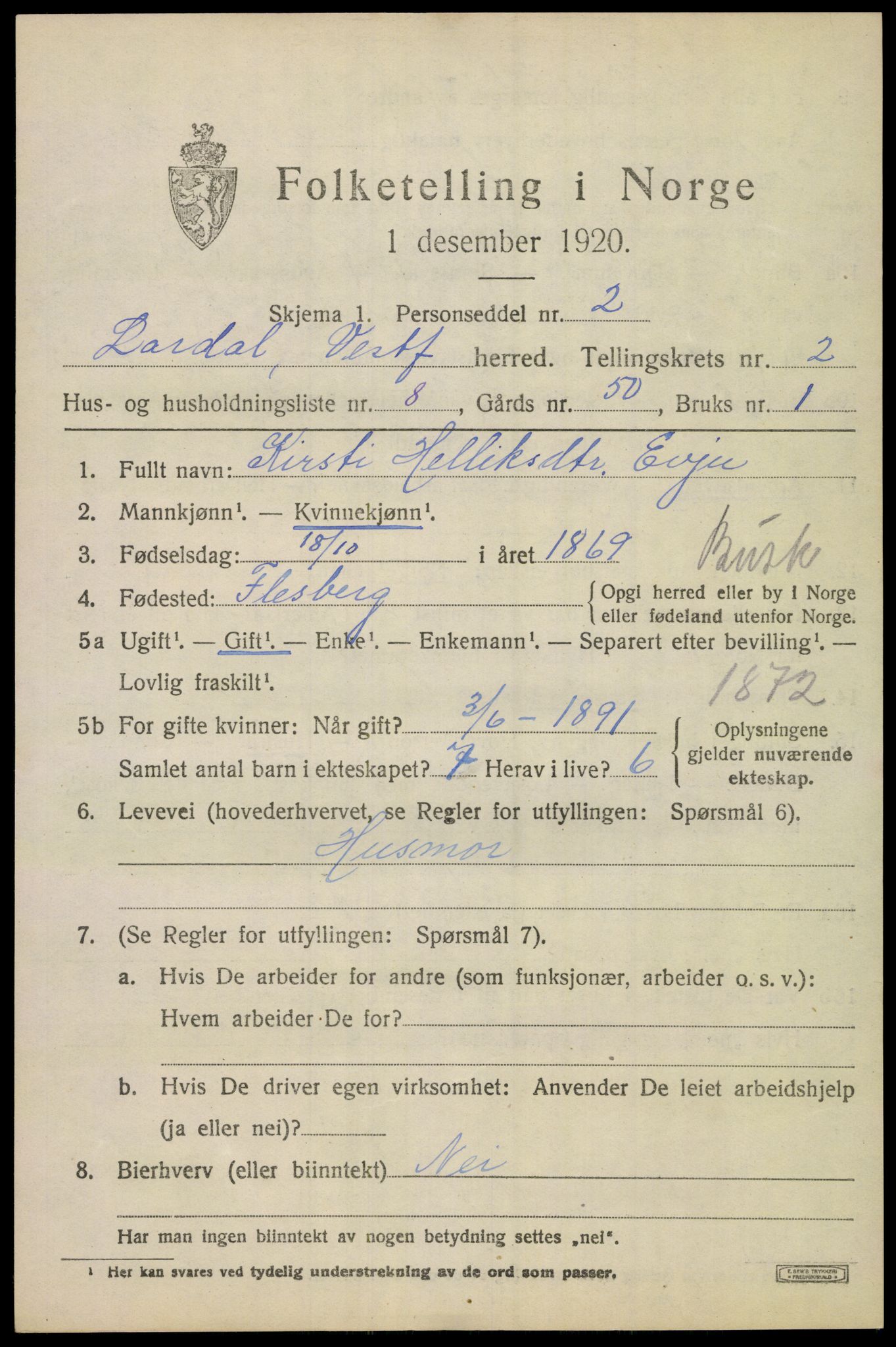 SAKO, 1920 census for Lardal, 1920, p. 2037