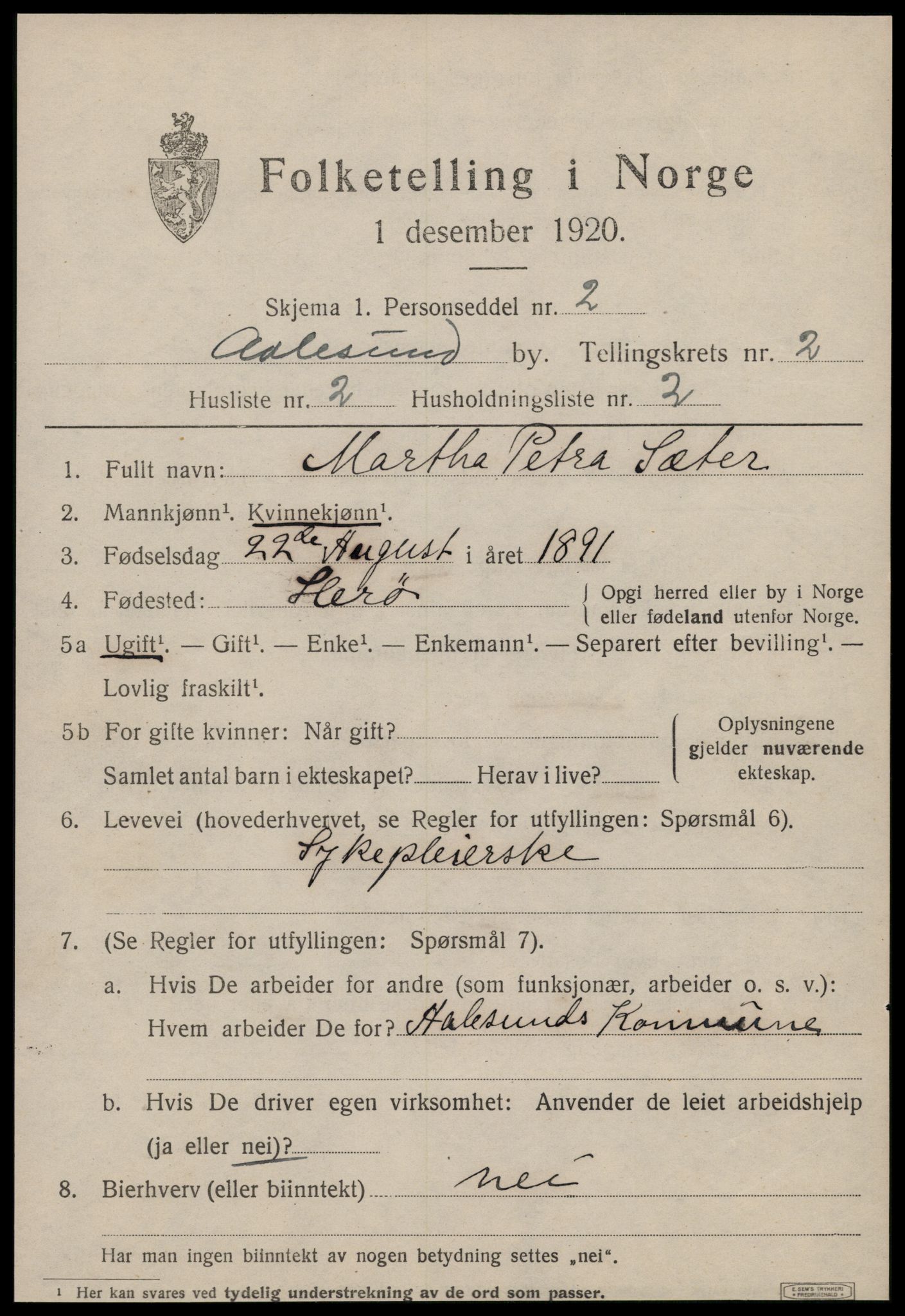 SAT, 1920 census for Ålesund, 1920, p. 10894