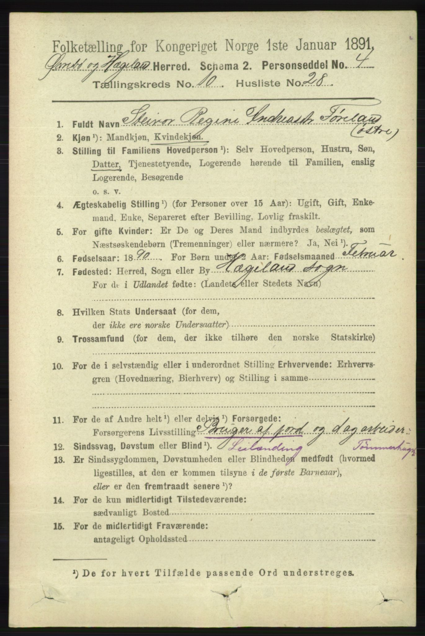 RA, 1891 census for 1016 Øvrebø og Hægeland, 1891, p. 2208