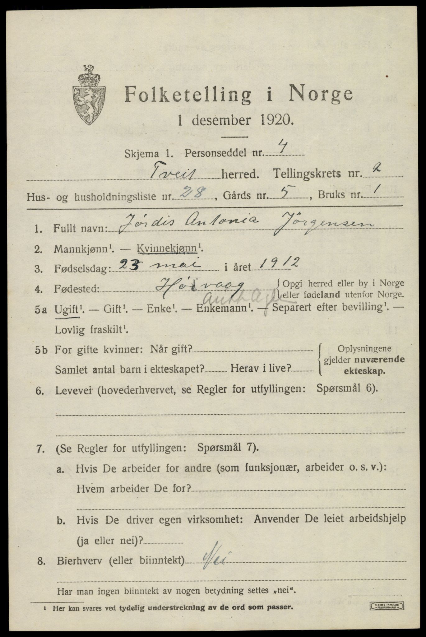 SAK, 1920 census for Tveit, 1920, p. 1468