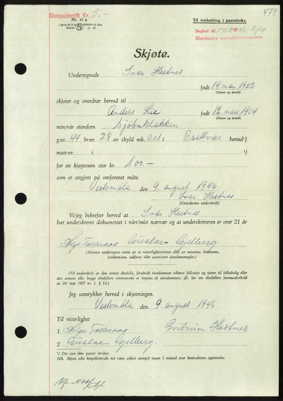 Nordmøre sorenskriveri, AV/SAT-A-4132/1/2/2Ca: Mortgage book no. A102, 1946-1946, Diary no: : 1702/1946