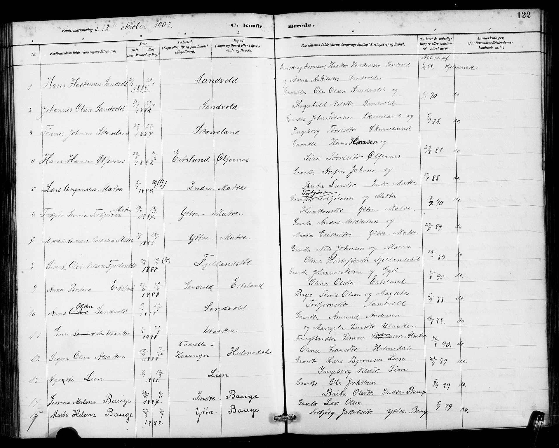 Husnes Sokneprestembete, SAB/A-75901/H/Hab: Parish register (copy) no. B 2, 1884-1914, p. 122