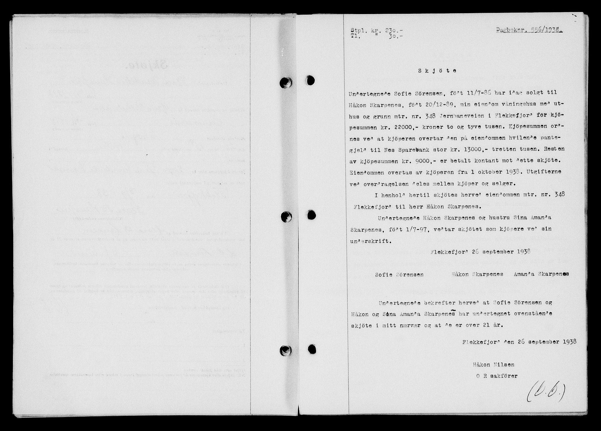 Flekkefjord sorenskriveri, SAK/1221-0001/G/Gb/Gba/L0054: Mortgage book no. A-2, 1937-1938, Diary no: : 556/1938