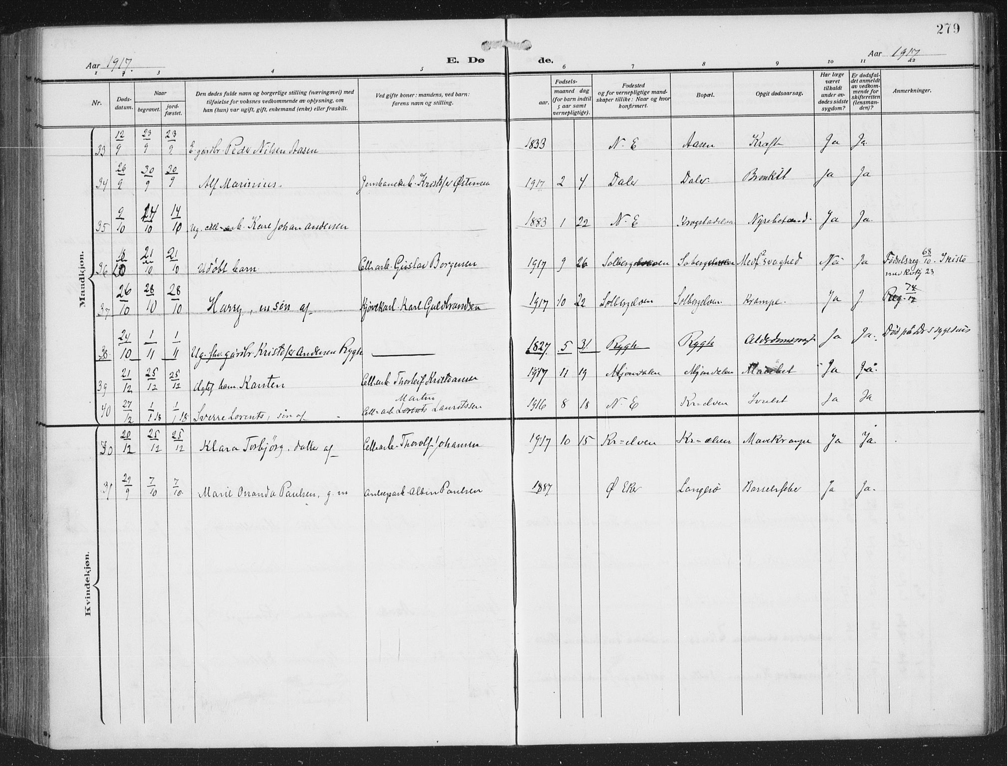 Nedre Eiker kirkebøker, AV/SAKO-A-612/F/Fa/L0007: Parish register (official) no. 7, 1912-1918, p. 279