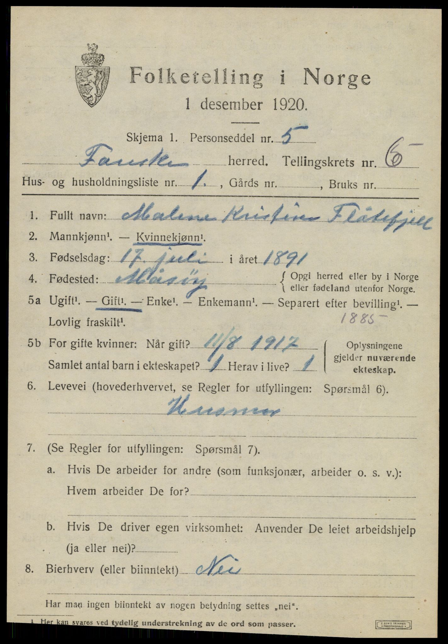 SAT, 1920 census for Fauske, 1920, p. 5440