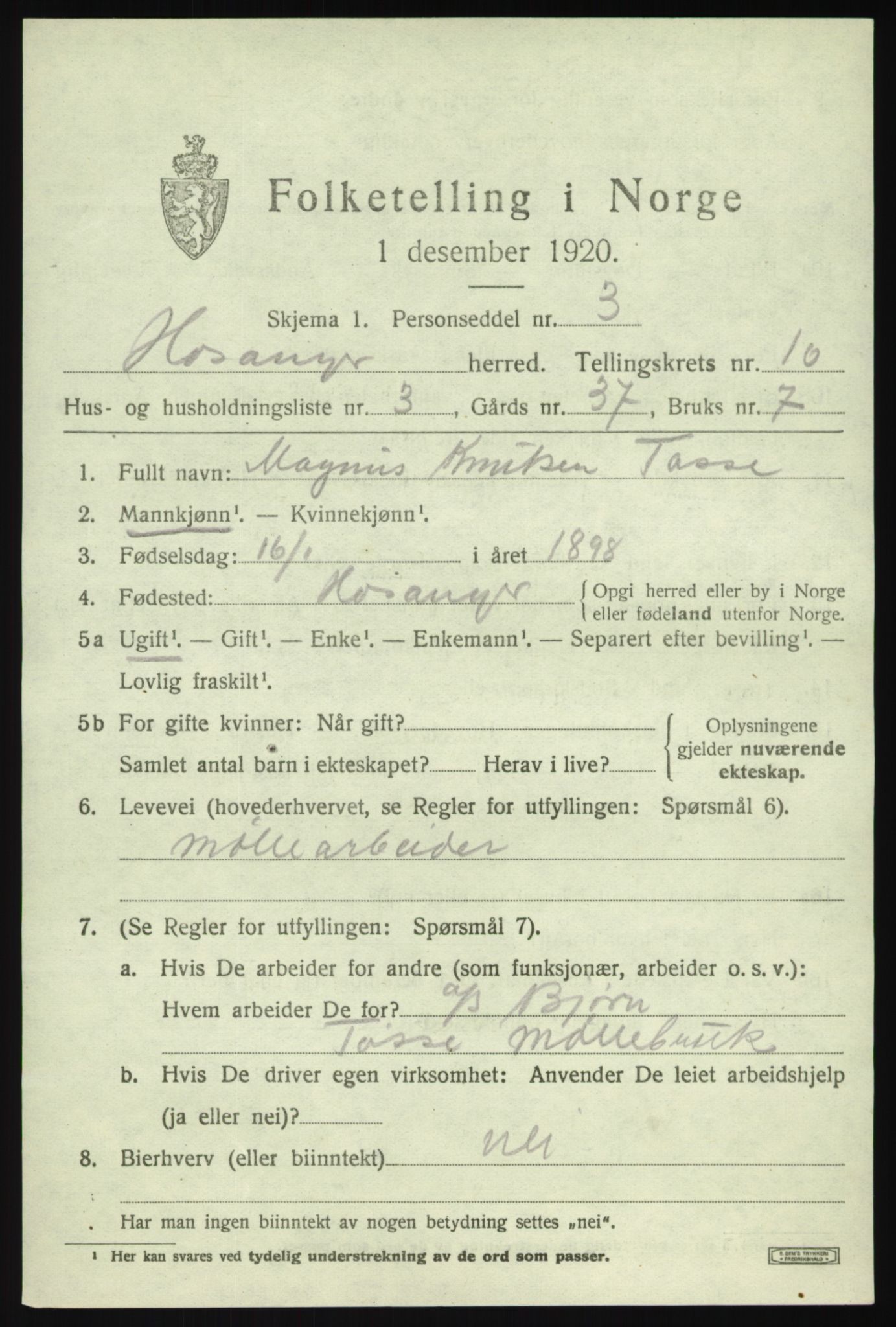SAB, 1920 census for Hosanger, 1920, p. 4237