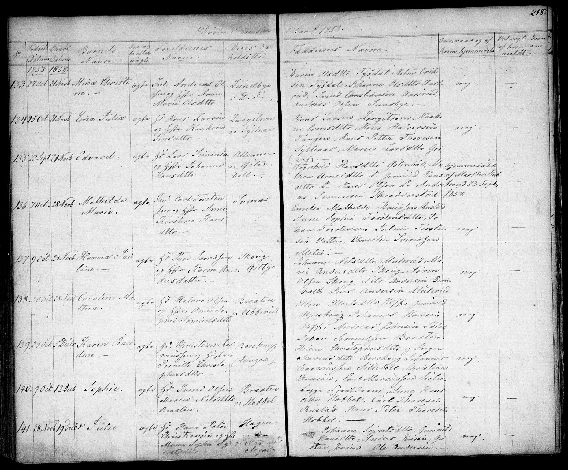Enebakk prestekontor Kirkebøker, SAO/A-10171c/F/Fa/L0009: Parish register (official) no. I 9, 1832-1861, p. 258