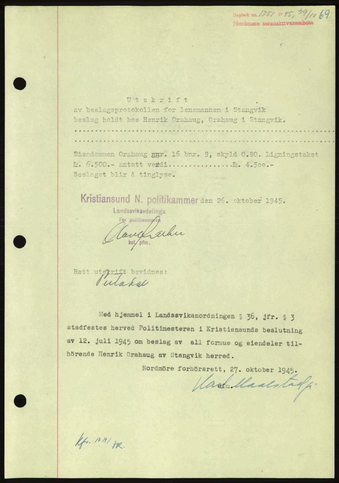 Nordmøre sorenskriveri, AV/SAT-A-4132/1/2/2Ca: Mortgage book no. B93a, 1945-1945, Diary no: : 1351/1945