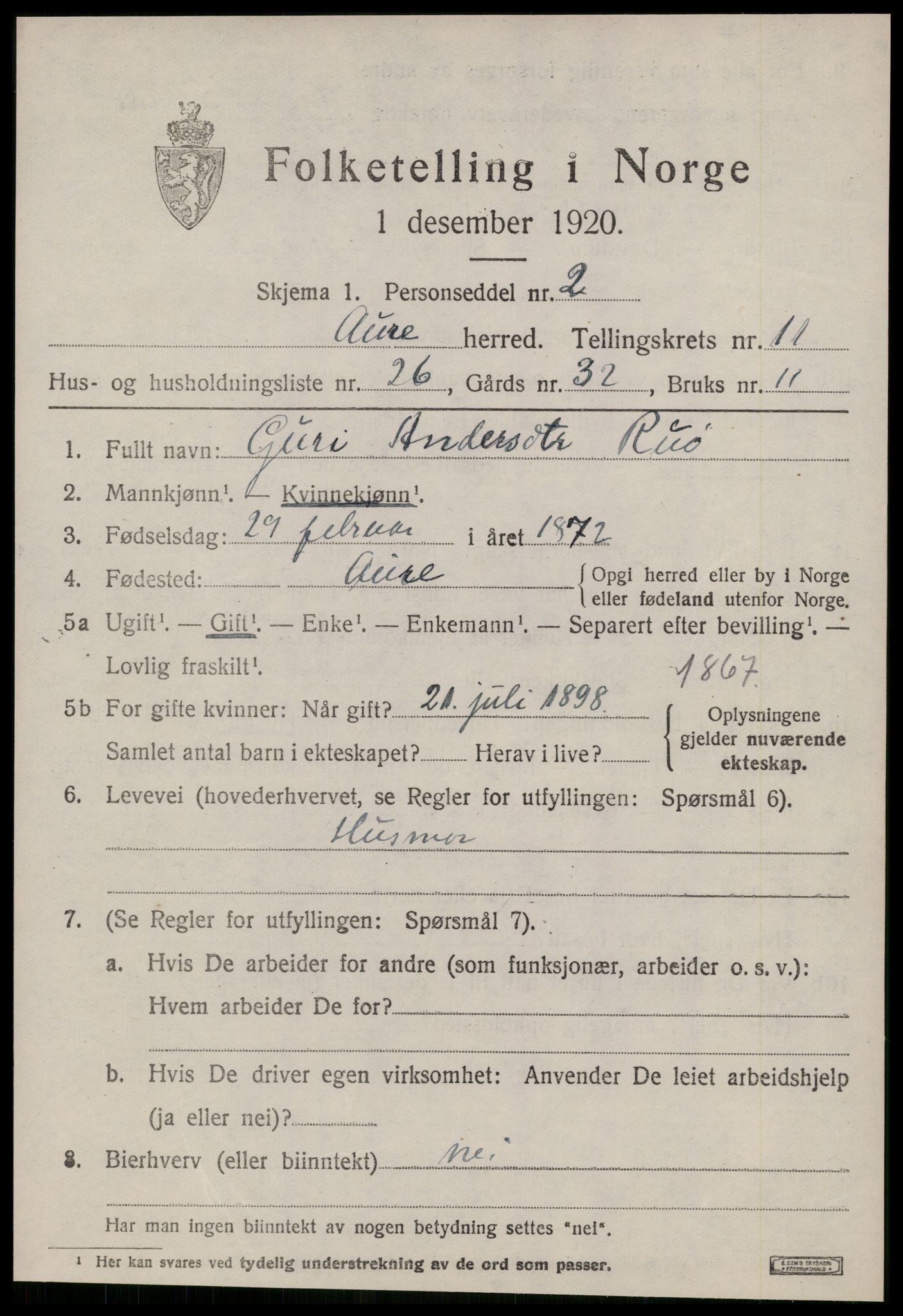 SAT, 1920 census for Aure, 1920, p. 4530