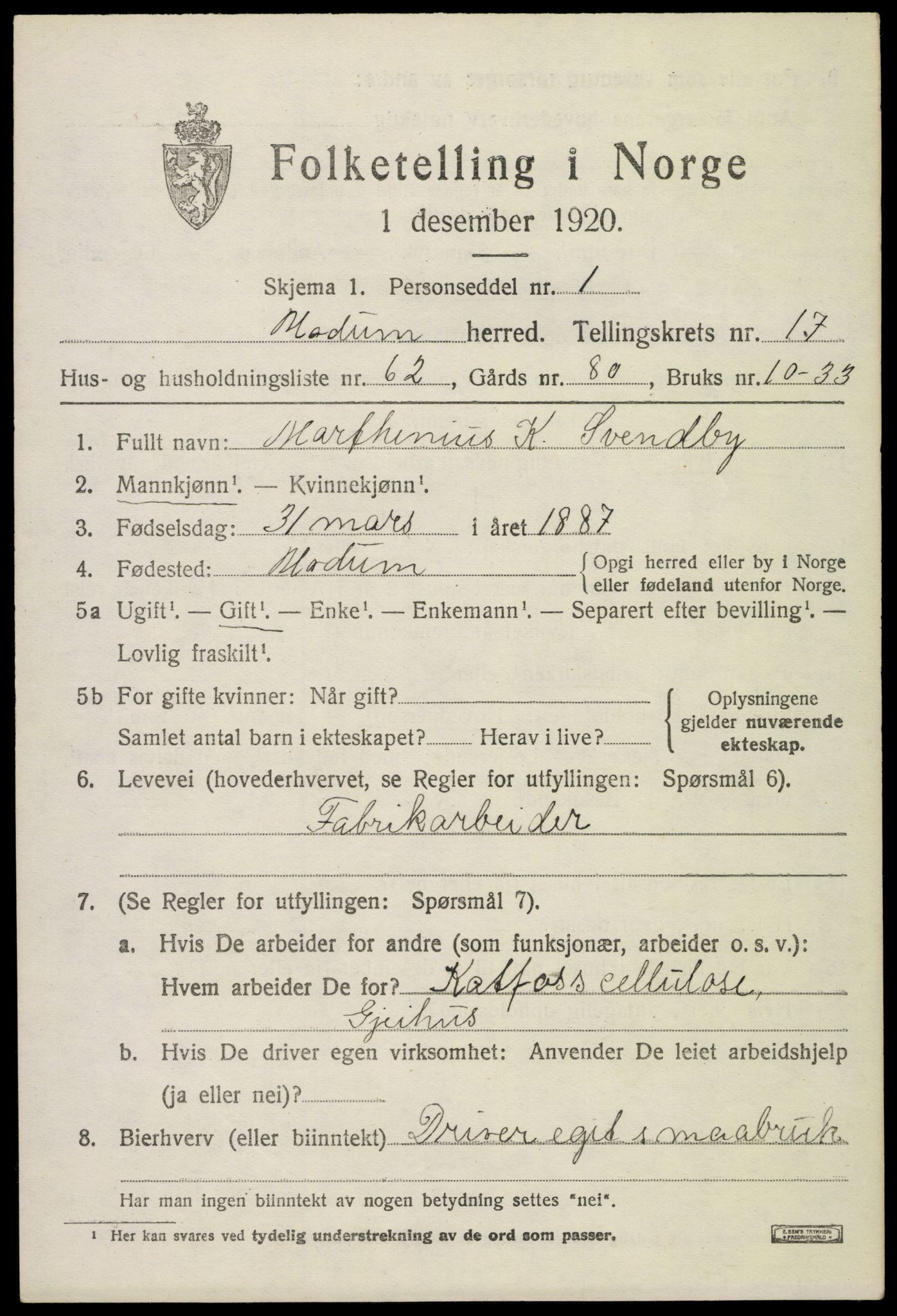 SAKO, 1920 census for Modum, 1920, p. 20925