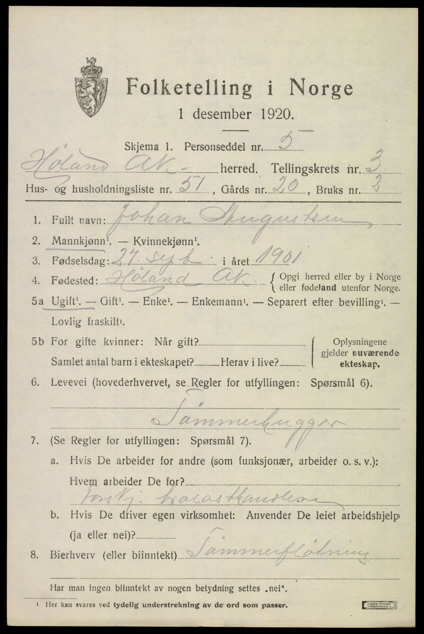 SAO, 1920 census for Høland, 1920, p. 5613