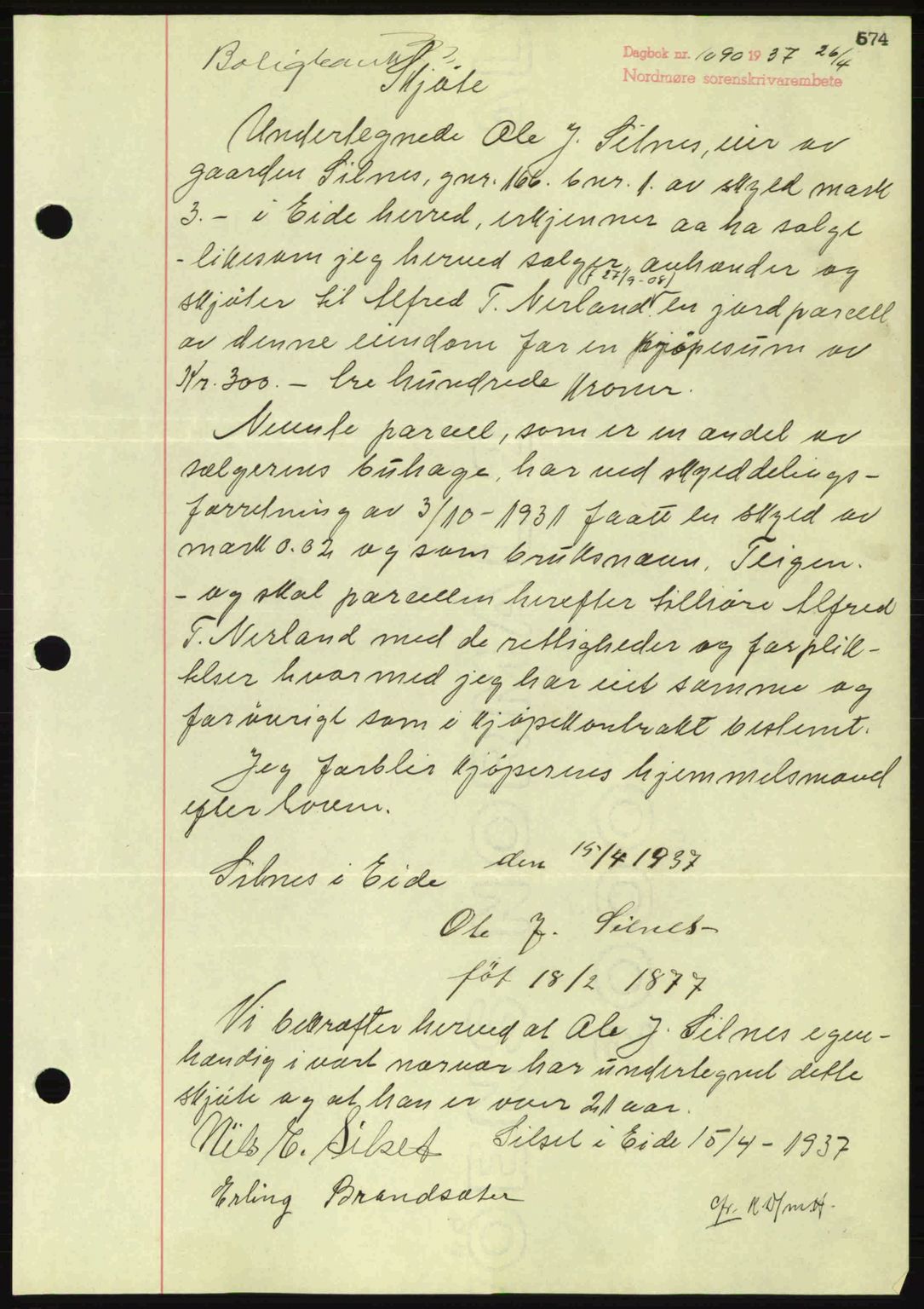 Nordmøre sorenskriveri, AV/SAT-A-4132/1/2/2Ca: Mortgage book no. A81, 1937-1937, Diary no: : 1090/1937