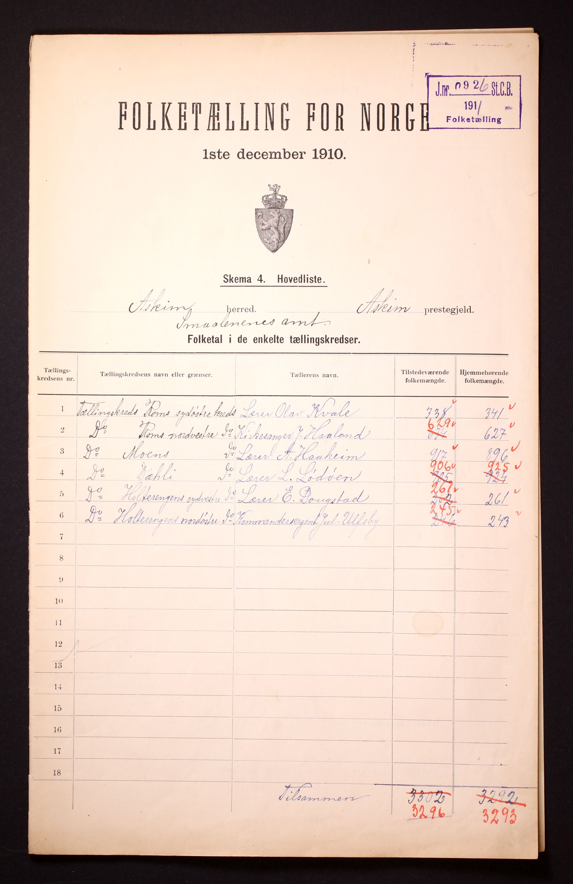 RA, 1910 census for Askim, 1910, p. 2