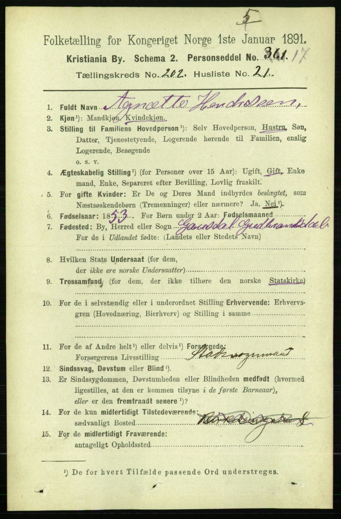 RA, 1891 census for 0301 Kristiania, 1891, p. 121885