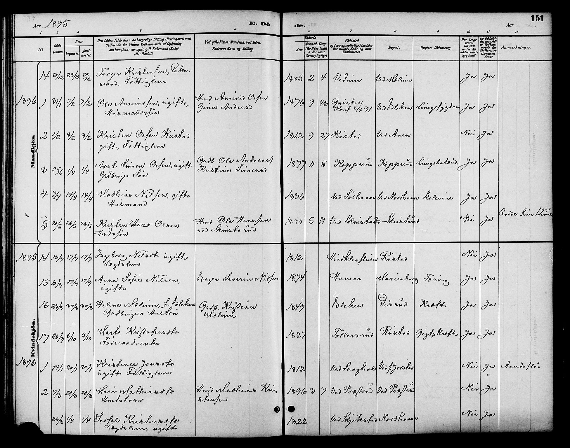 Fåberg prestekontor, AV/SAH-PREST-086/H/Ha/Hab/L0010: Parish register (copy) no. 10, 1892-1900, p. 151