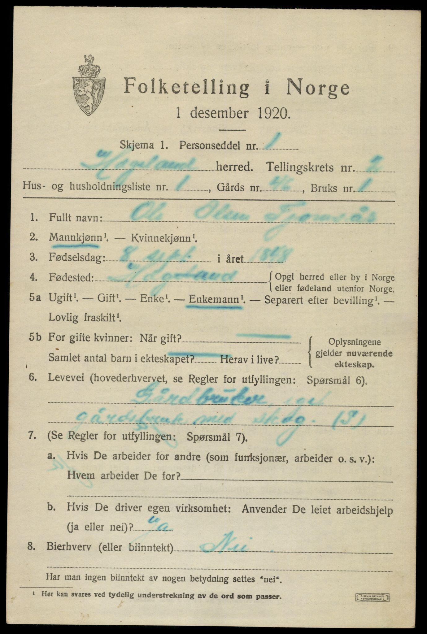 SAK, 1920 census for Hægeland, 1920, p. 611