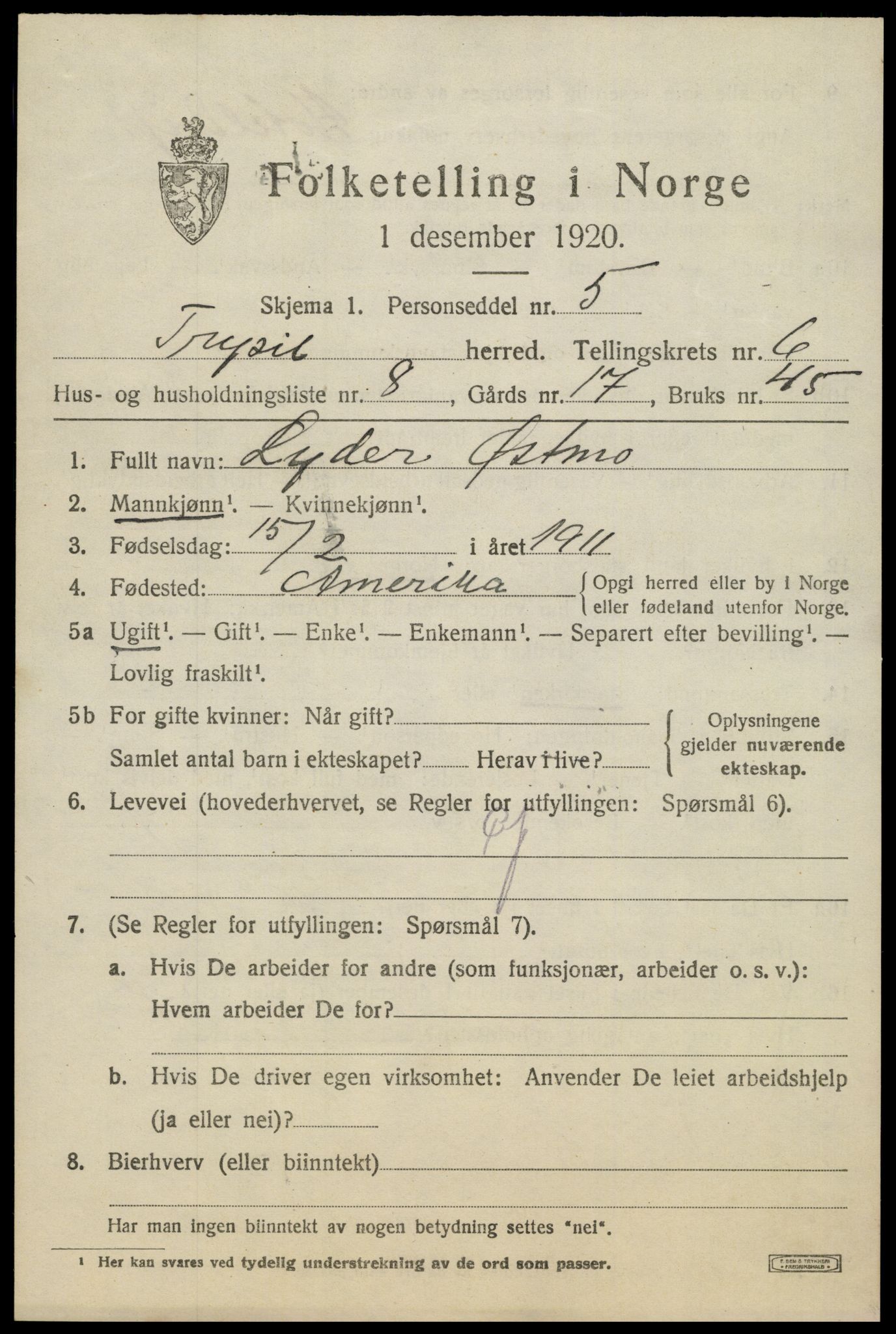 SAH, 1920 census for Trysil, 1920, p. 4623