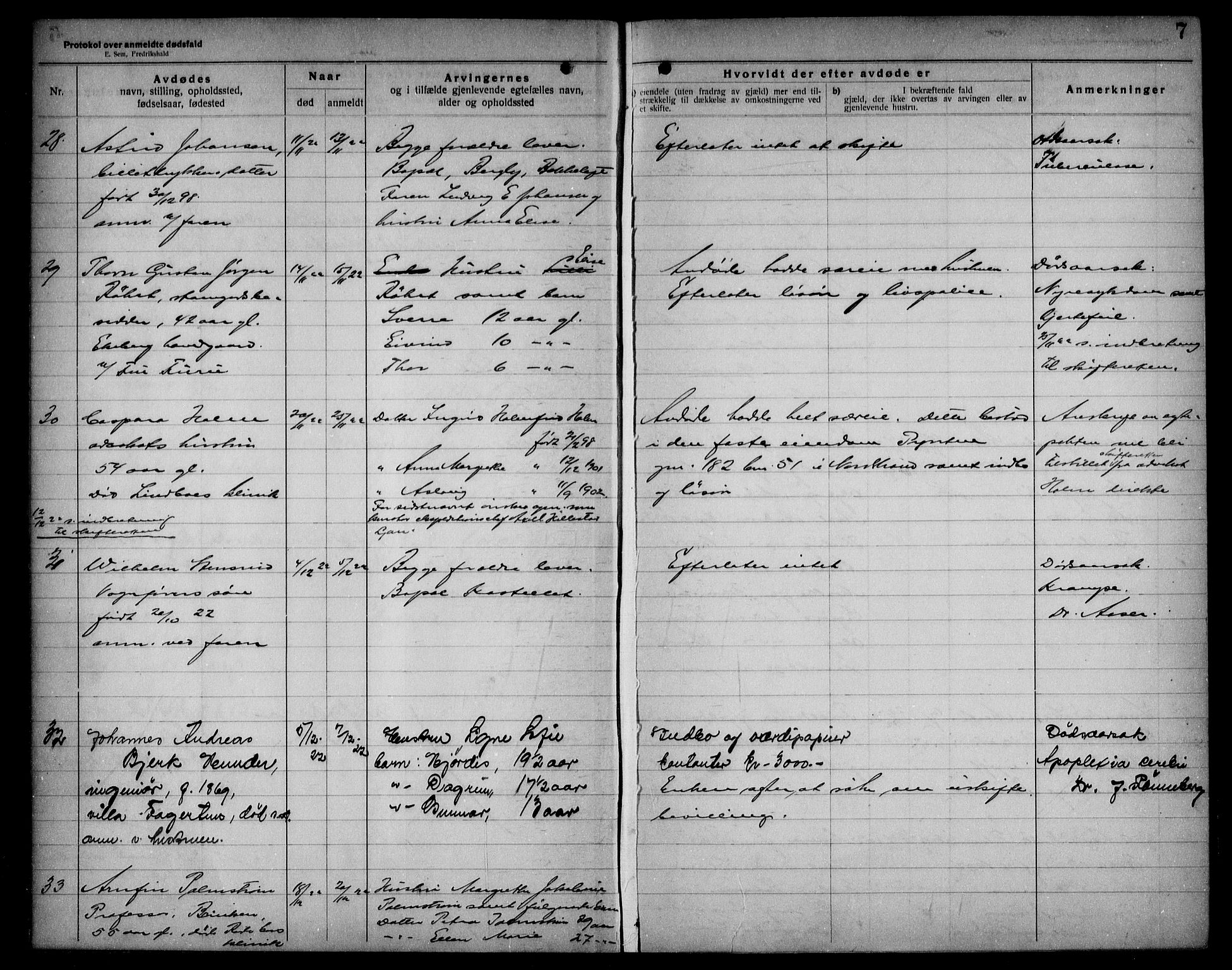 Aker kriminaldommer, skifte- og auksjonsforvalterembete, AV/SAO-A-10452/H/Hb/Hba/Hbad/L0001: Dødsfallsprotokoll for Nordstrand, 1922-1929, p. 7