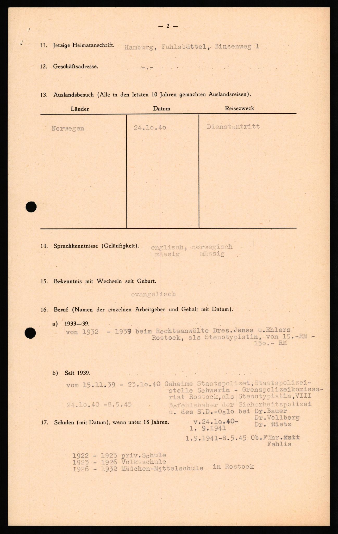 Forsvaret, Forsvarets overkommando II, RA/RAFA-3915/D/Db/L0029: CI Questionaires. Tyske okkupasjonsstyrker i Norge. Tyskere., 1945-1946, p. 288