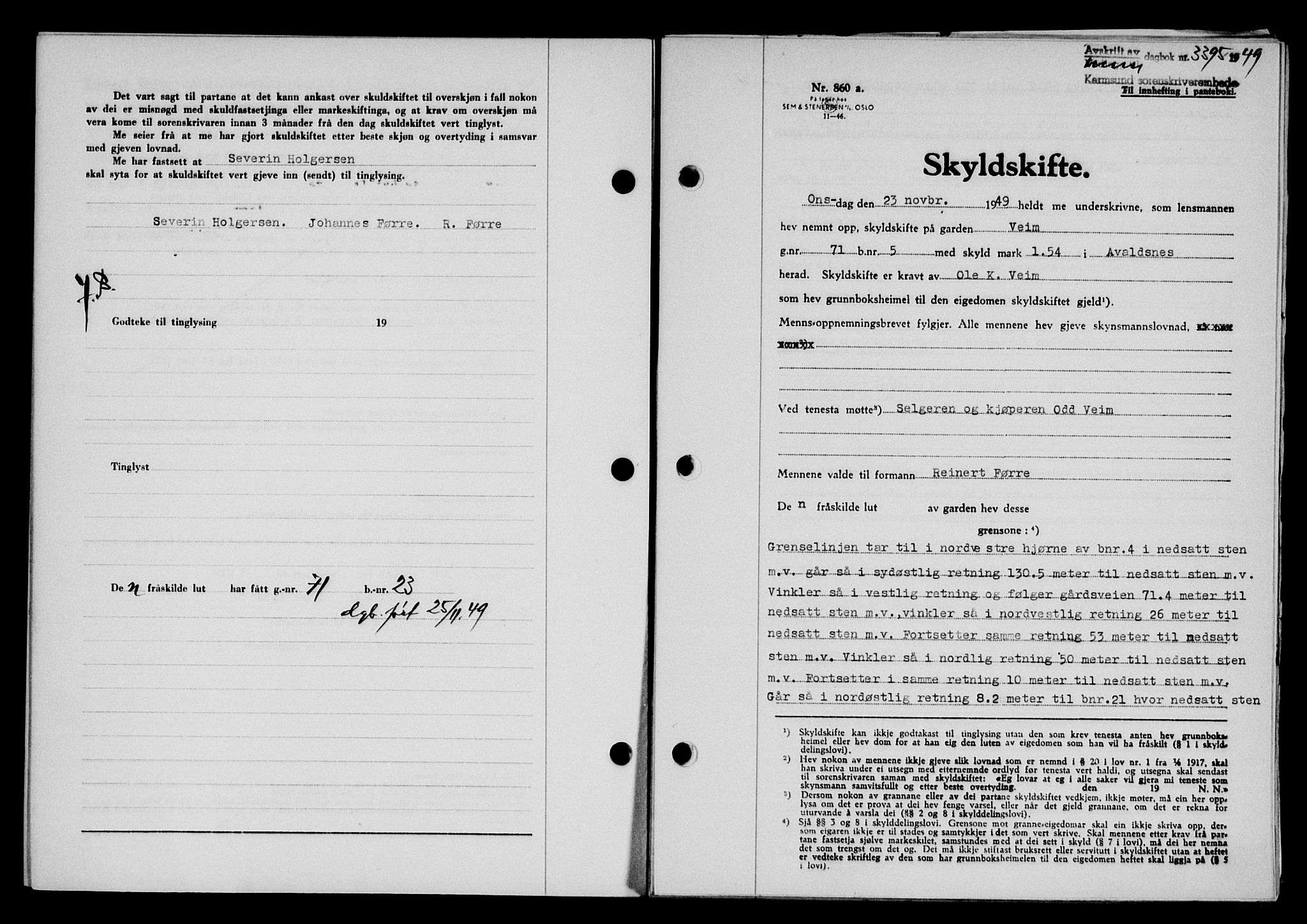 Karmsund sorenskriveri, SAST/A-100311/01/II/IIB/L0098: Mortgage book no. 78A, 1949-1950, Diary no: : 3395/1949