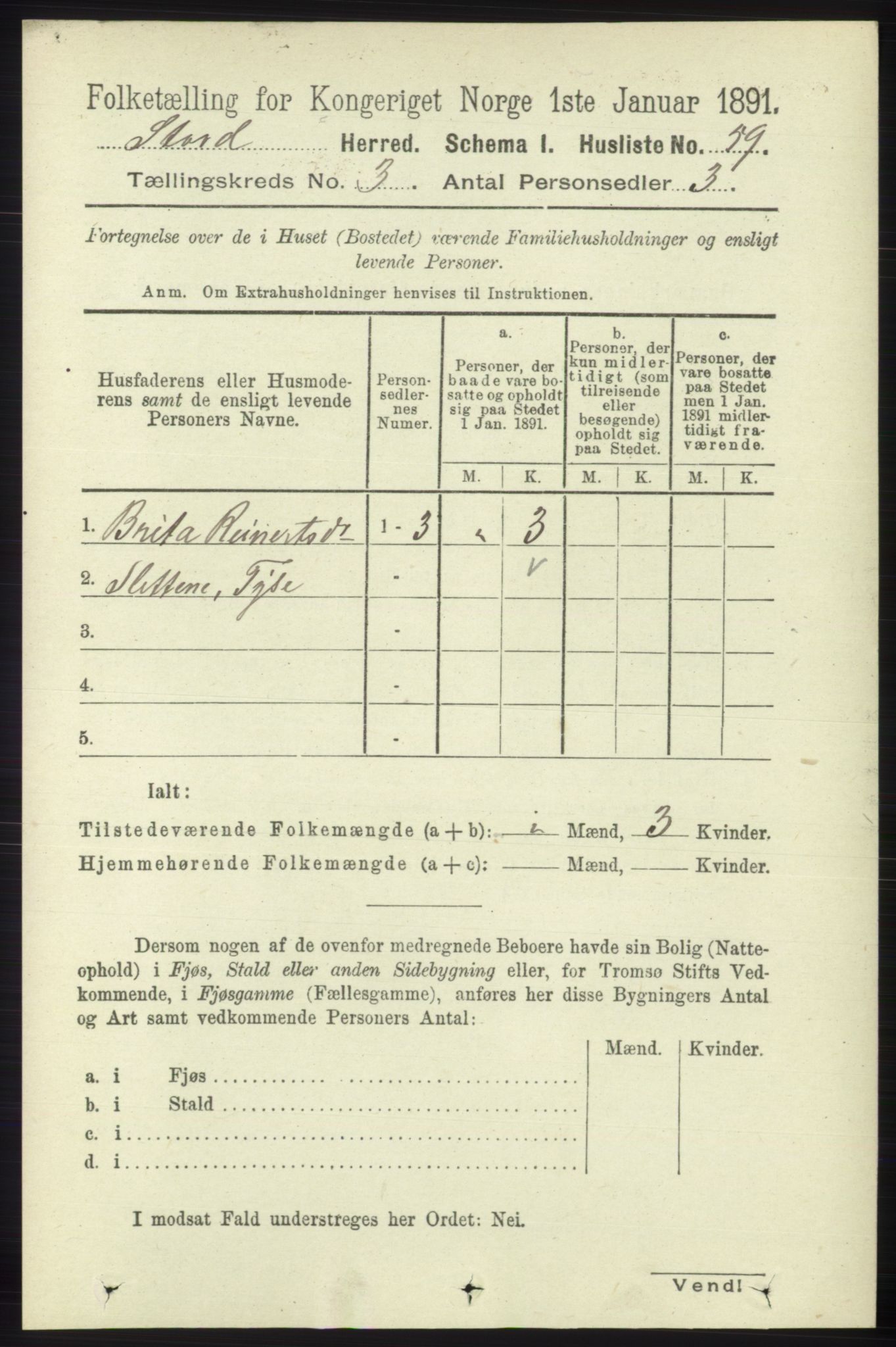 RA, 1891 census for 1221 Stord, 1891, p. 525