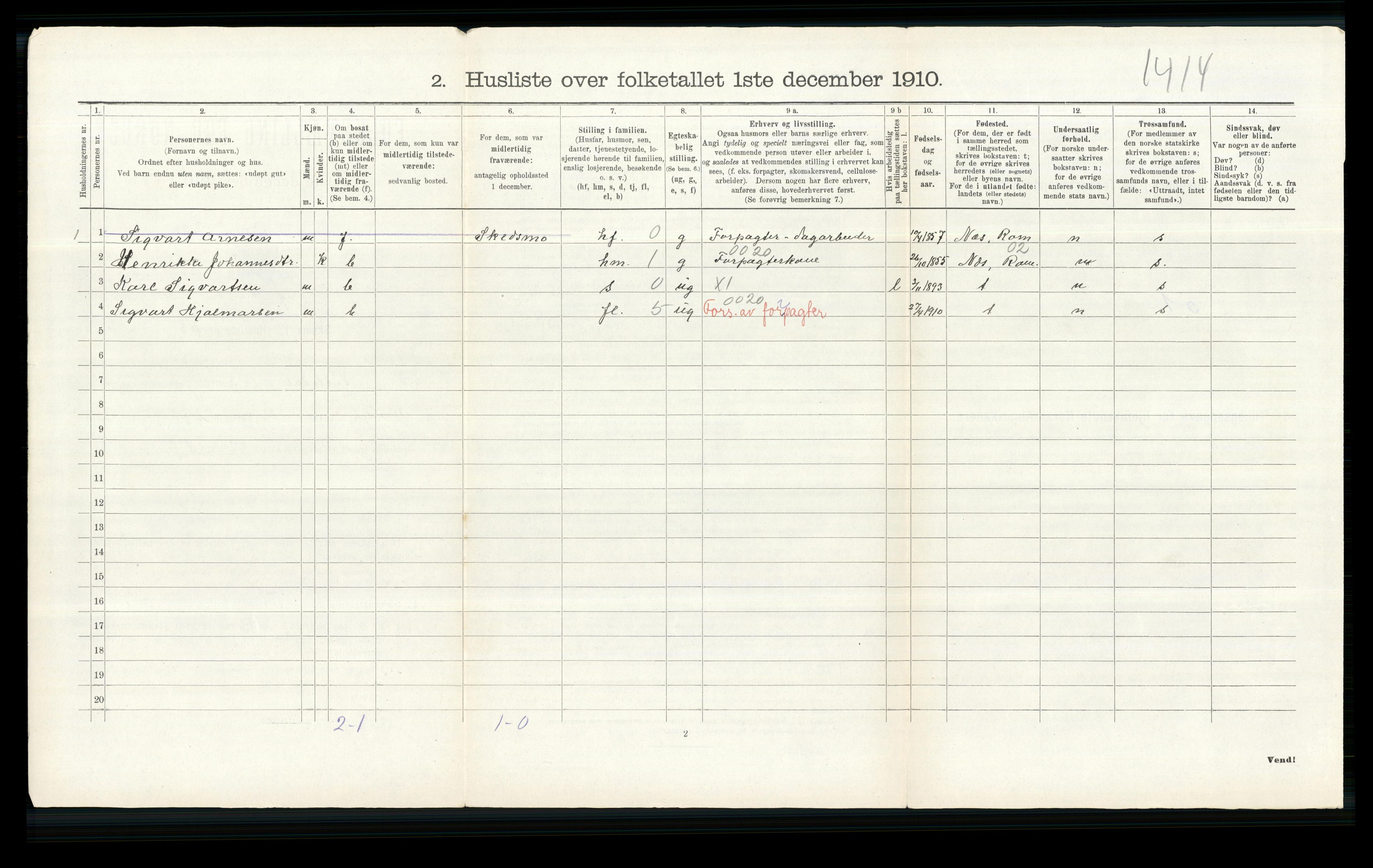 RA, 1910 census for Nittedal, 1910, p. 132