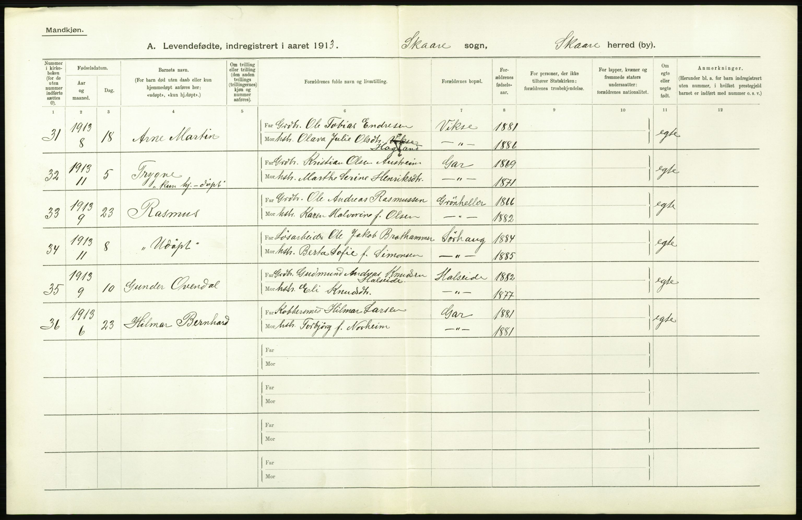 Statistisk sentralbyrå, Sosiodemografiske emner, Befolkning, AV/RA-S-2228/D/Df/Dfb/Dfbc/L0025: Stavanger amt: Levendefødte menn og kvinner. Bygder., 1913, p. 86