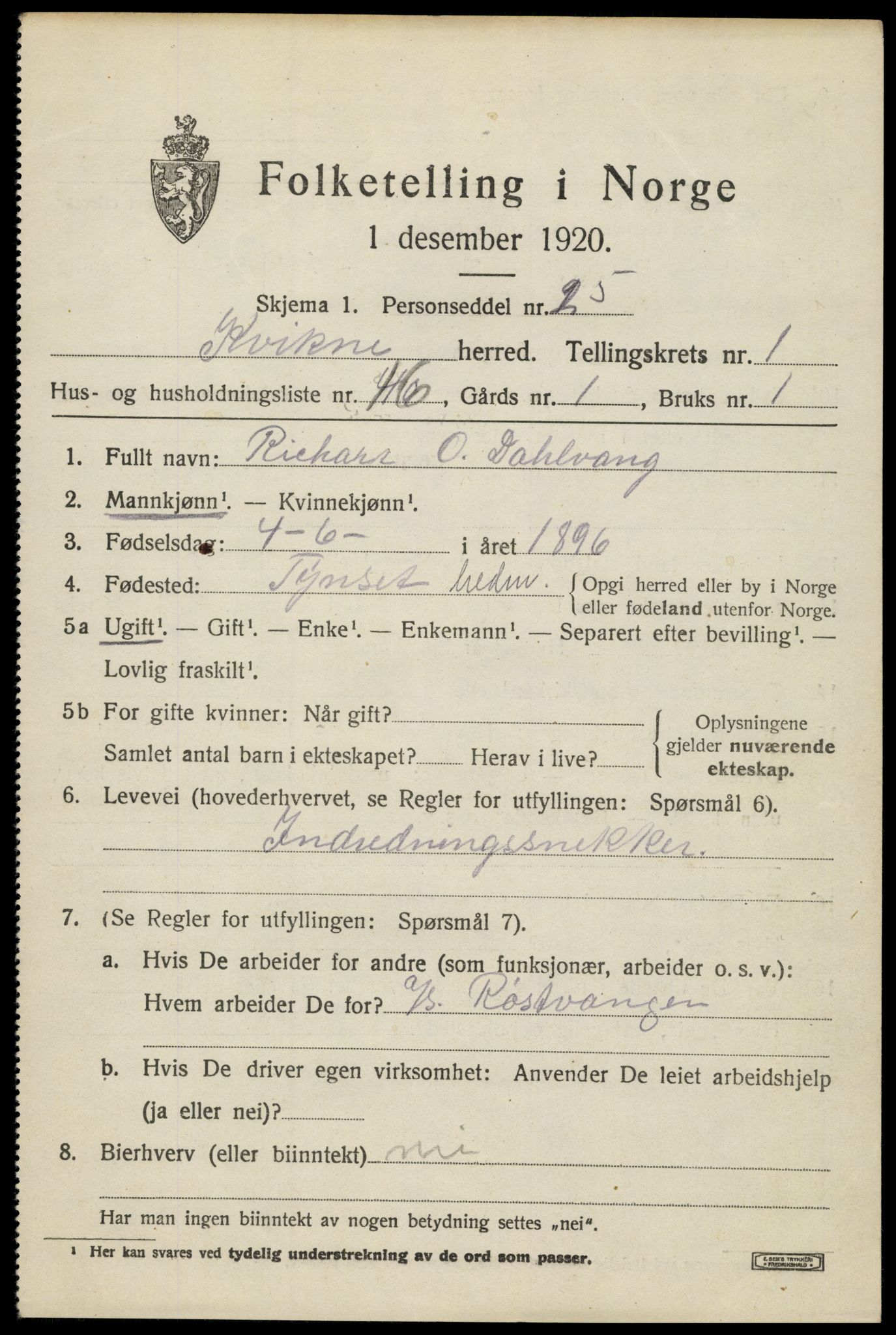 SAH, 1920 census for Kvikne, 1920, p. 966