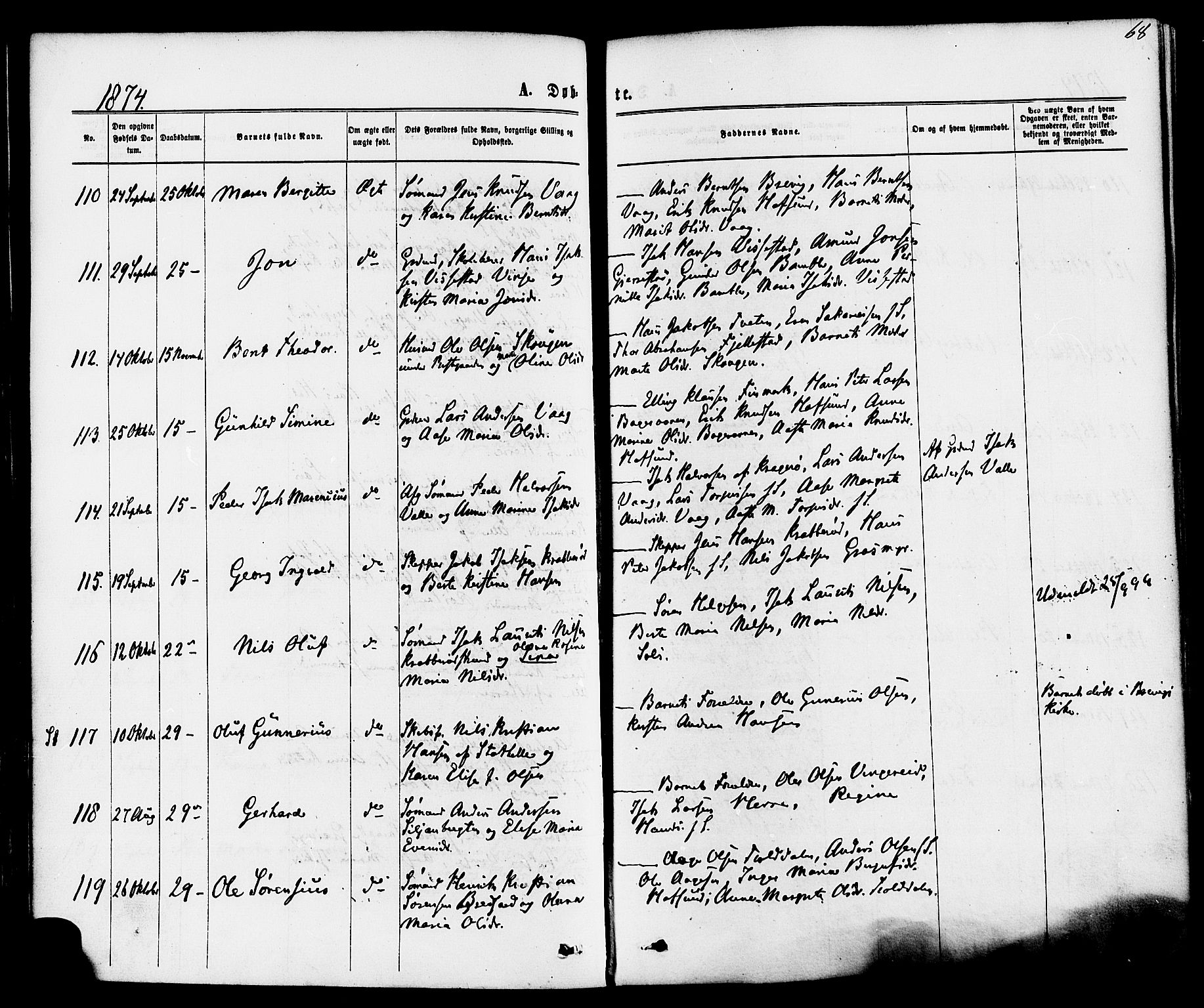 Bamble kirkebøker, AV/SAKO-A-253/F/Fa/L0006: Parish register (official) no. I 6, 1869-1877, p. 68