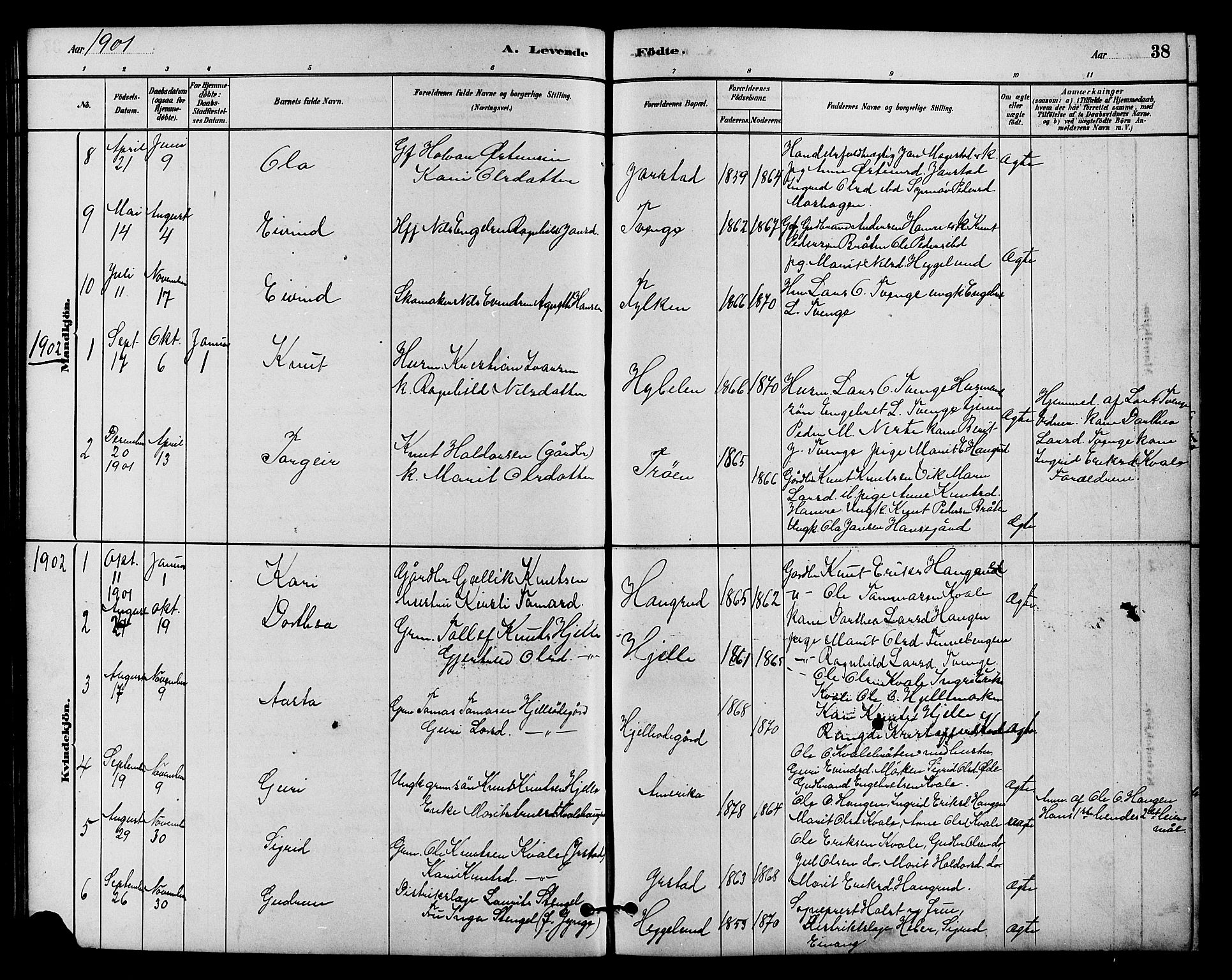 Vestre Slidre prestekontor, AV/SAH-PREST-136/H/Ha/Hab/L0004: Parish register (copy) no. 4, 1881-1912, p. 38