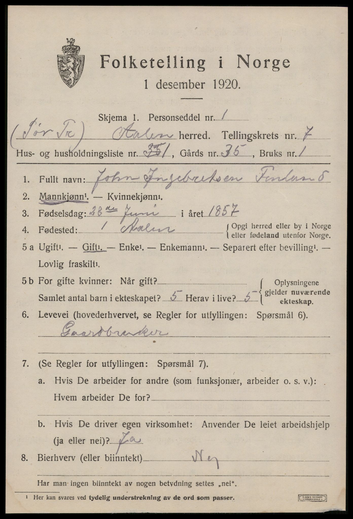 SAT, 1920 census for Ålen, 1920, p. 3368