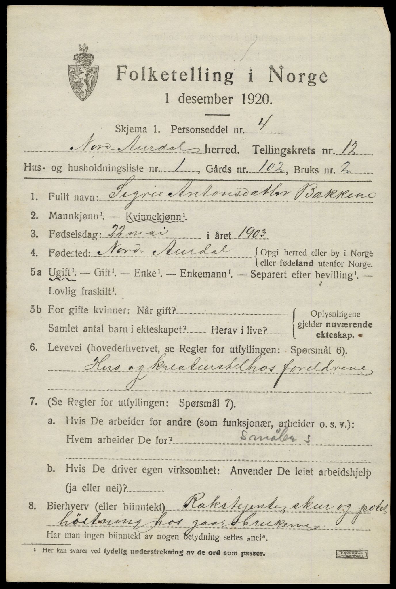 SAH, 1920 census for Nord-Aurdal, 1920, p. 9890