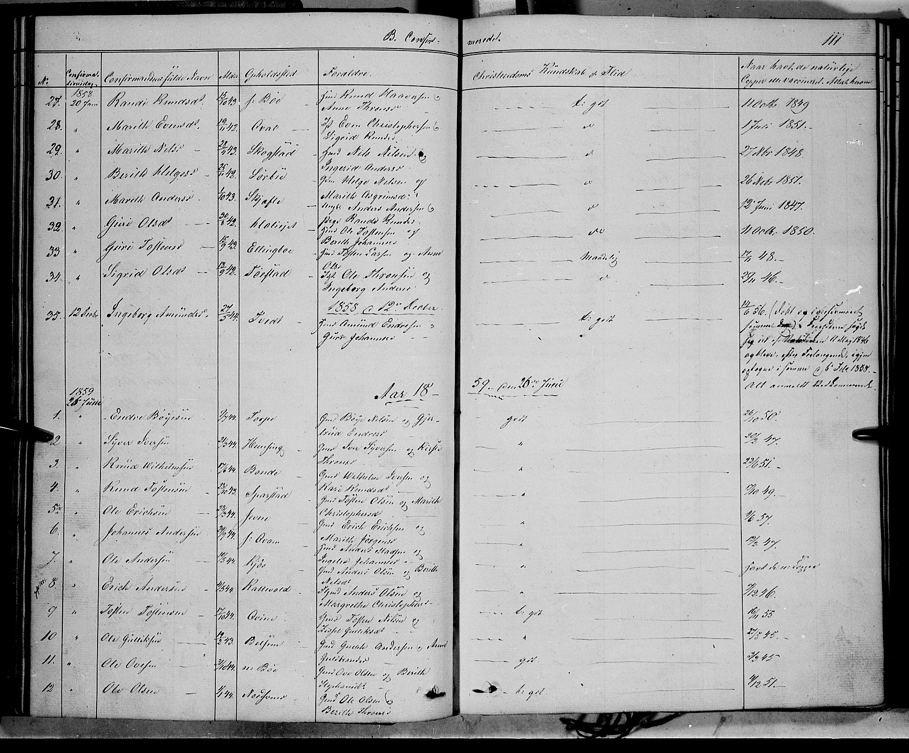 Vang prestekontor, Valdres, SAH/PREST-140/H/Ha/L0006: Parish register (official) no. 6, 1846-1864, p. 111
