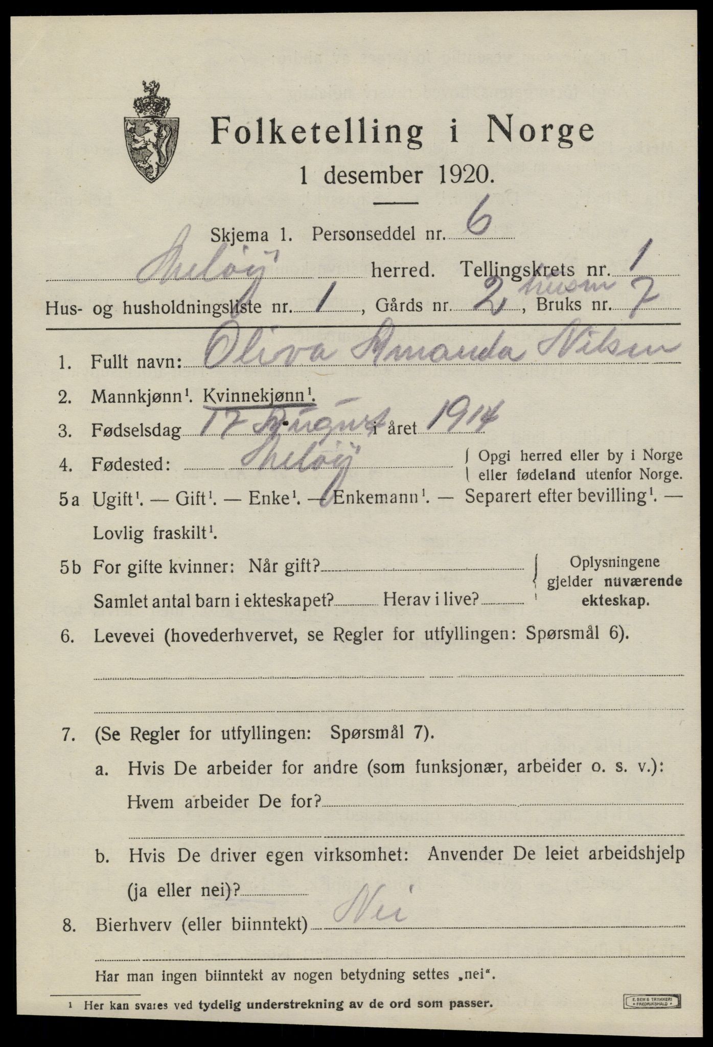 SAT, 1920 census for Meløy, 1920, p. 1467