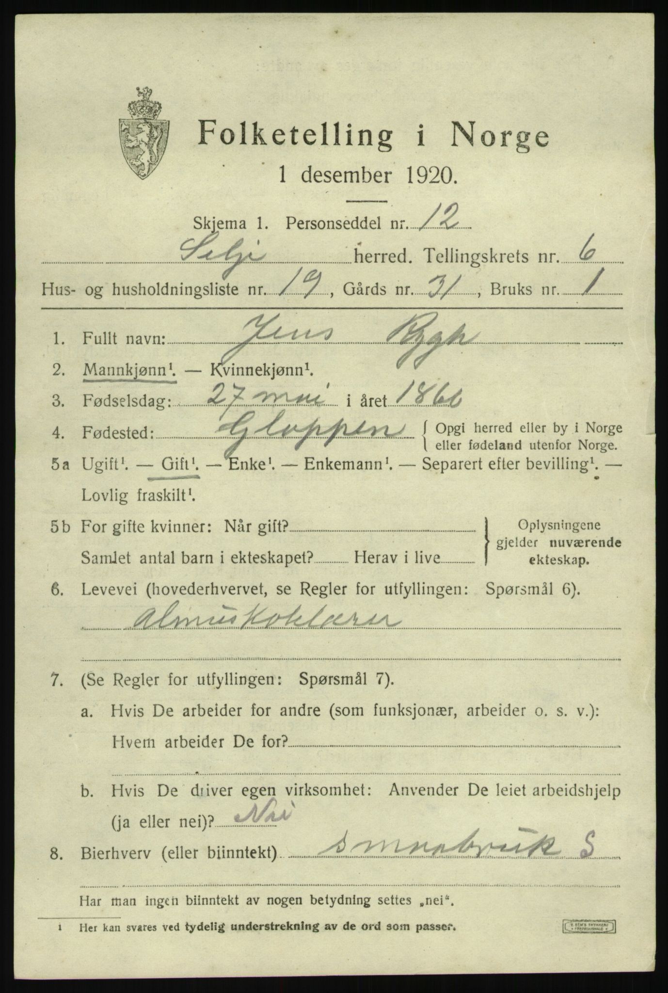 SAB, 1920 census for Selje, 1920, p. 3591