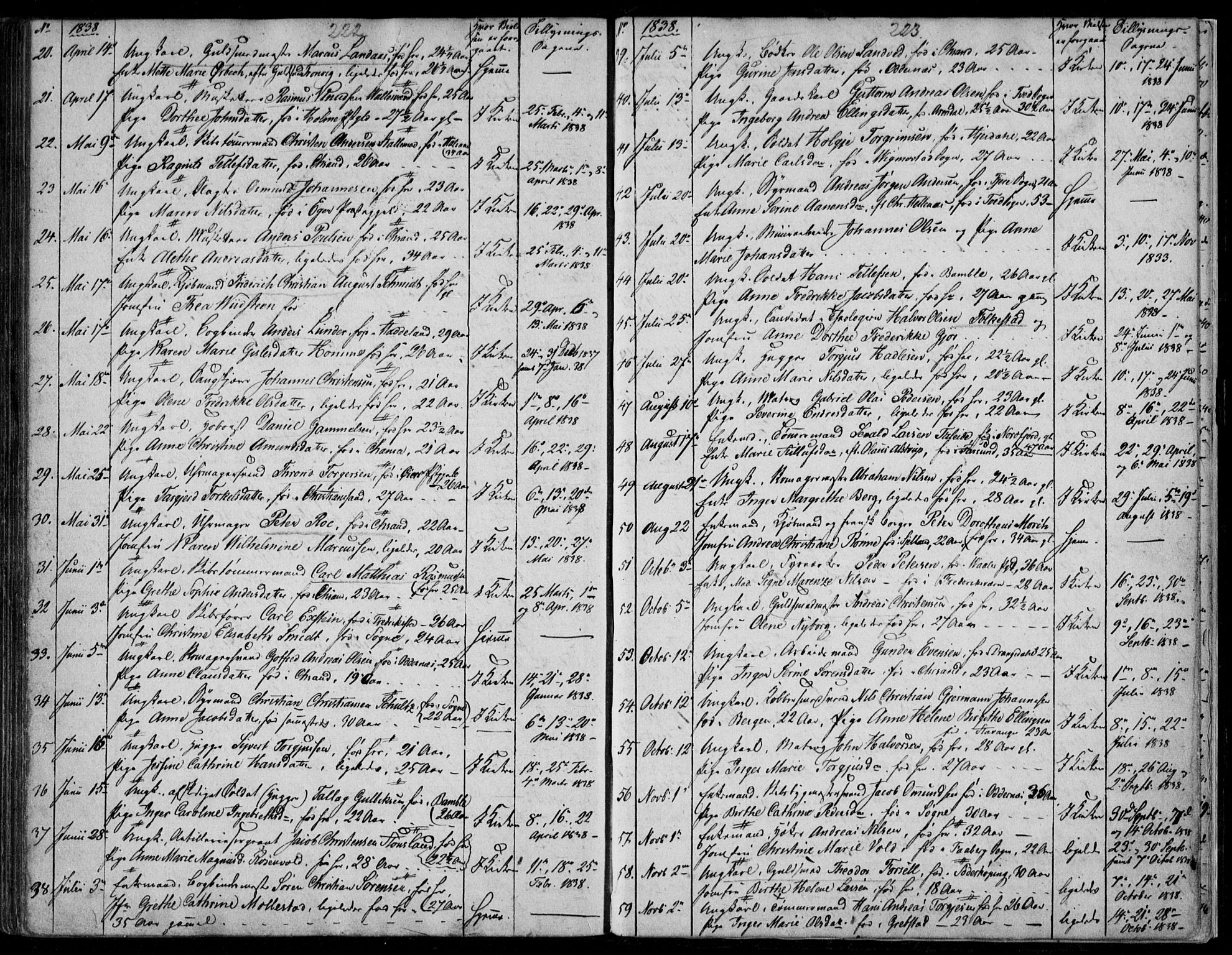 Kristiansand domprosti, SAK/1112-0006/F/Fb/L0009: Parish register (copy) no. B 9, 1838-1843, p. 222-223