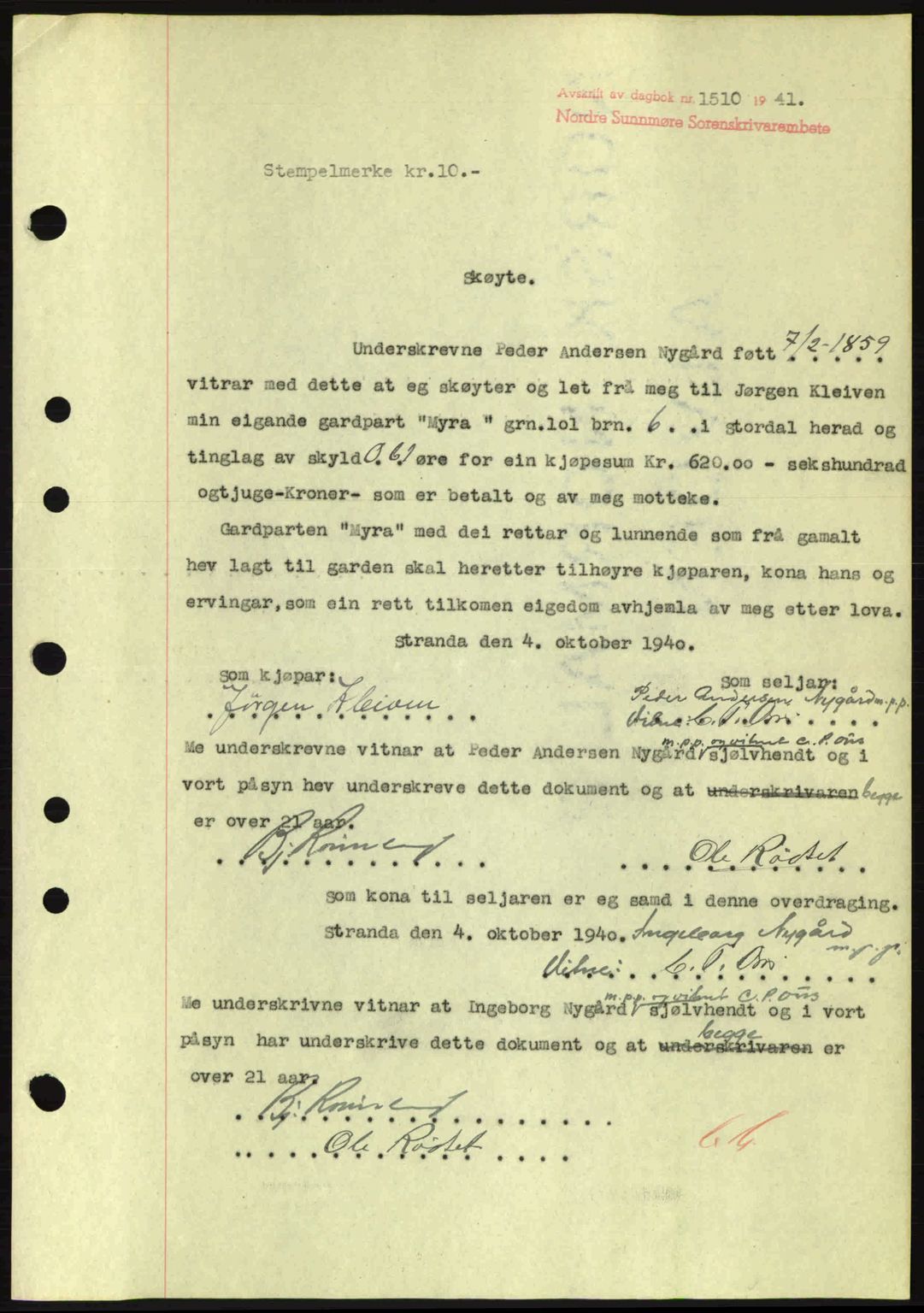 Nordre Sunnmøre sorenskriveri, AV/SAT-A-0006/1/2/2C/2Ca: Mortgage book no. A11, 1941-1941, Diary no: : 1510/1941