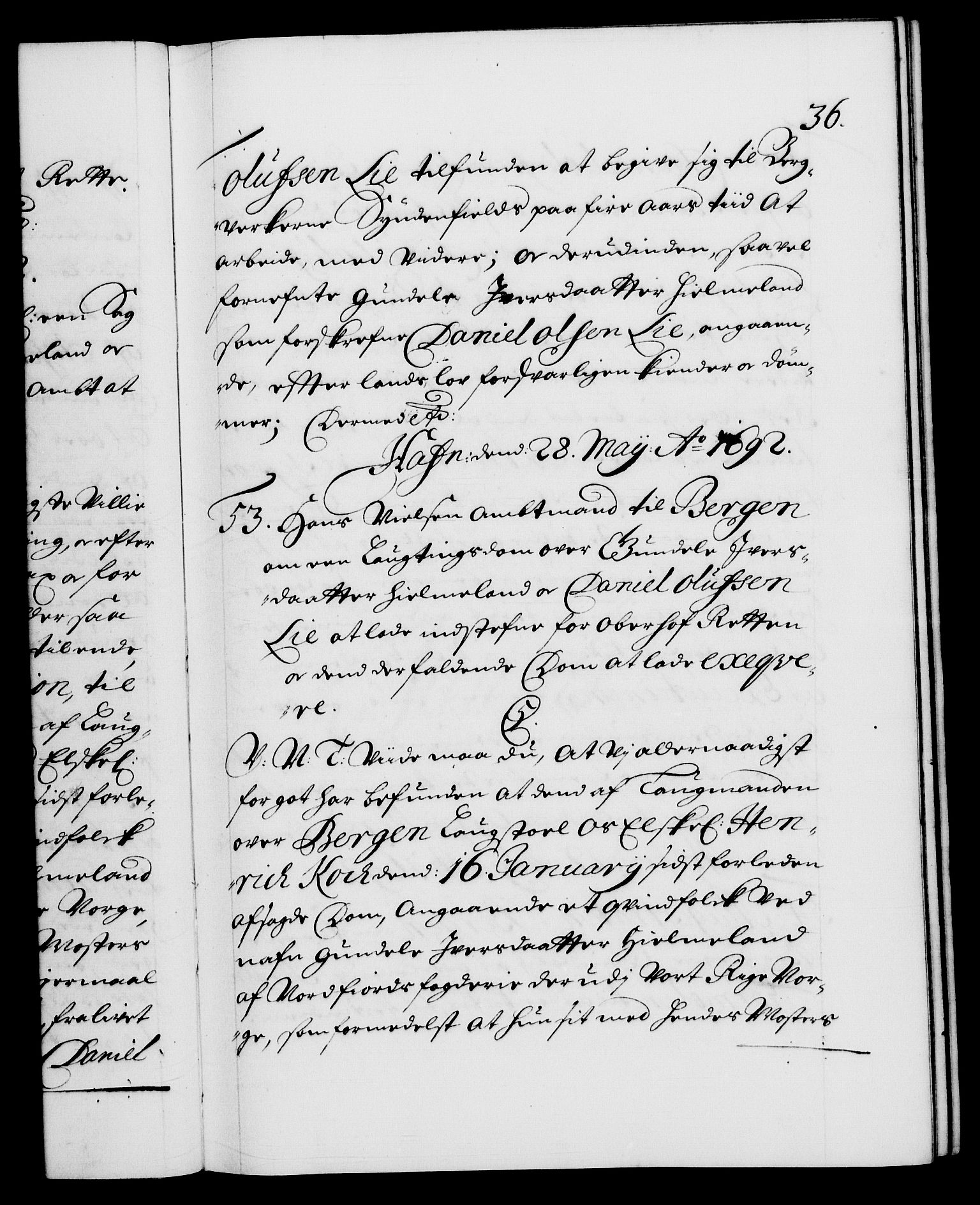 Danske Kanselli 1572-1799, AV/RA-EA-3023/F/Fc/Fca/Fcab/L0015: Norske tegnelser (mikrofilm), 1692-1699, p. 36a