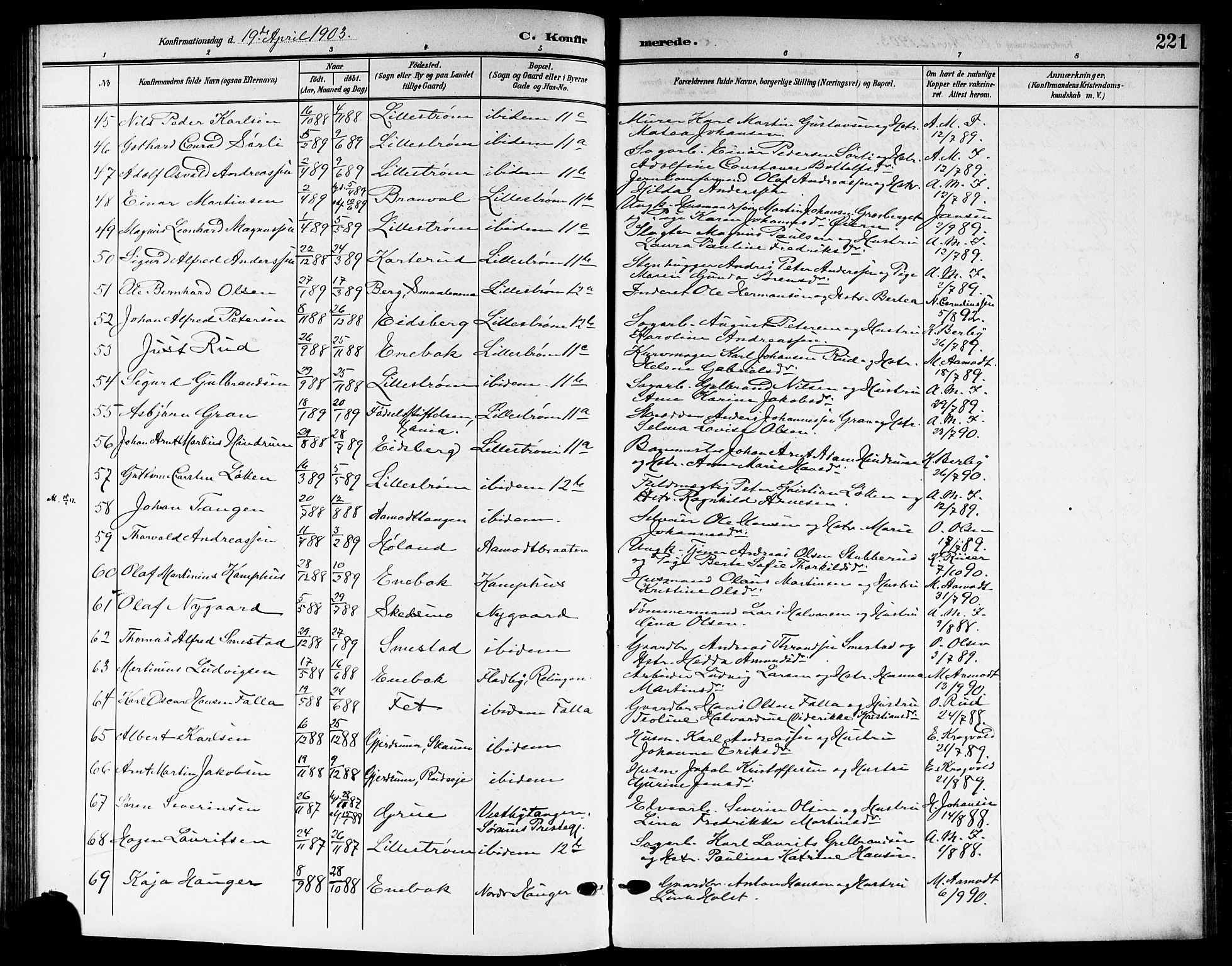 Skedsmo prestekontor Kirkebøker, AV/SAO-A-10033a/G/Ga/L0005b: Parish register (copy) no. I 5B, 1902-1911, p. 221